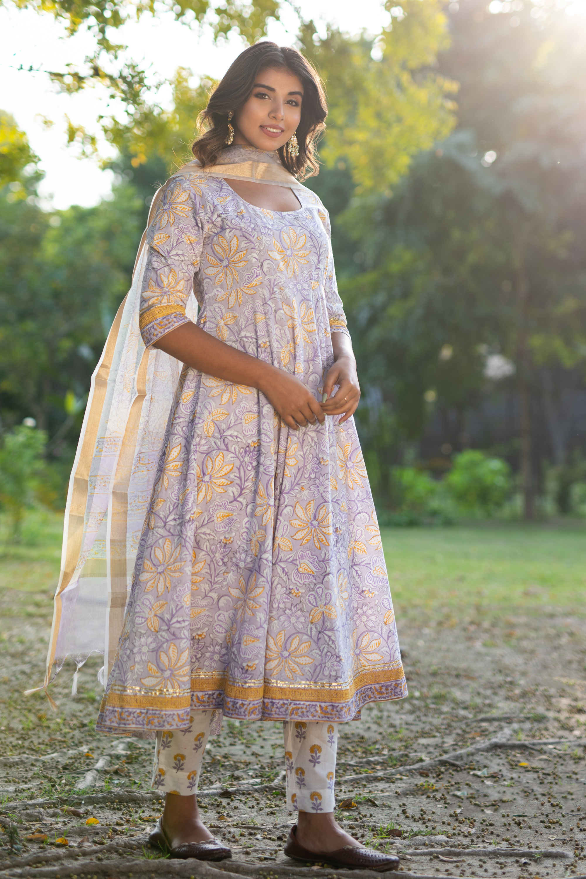 Lavender Yellow Floral Anarkali Set of 3