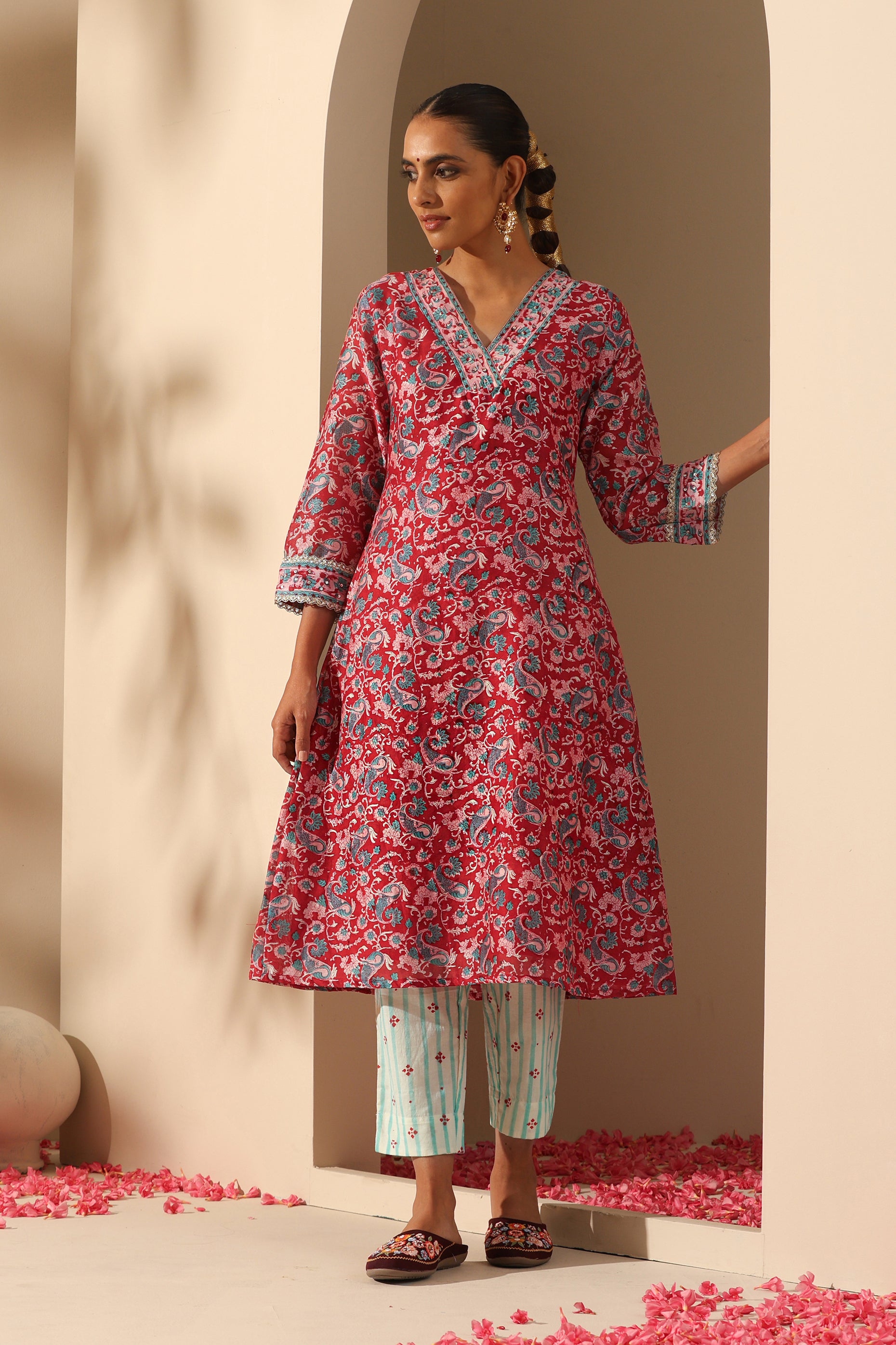 Carmine Red Embroidered Chanderi Kurta Set of 3