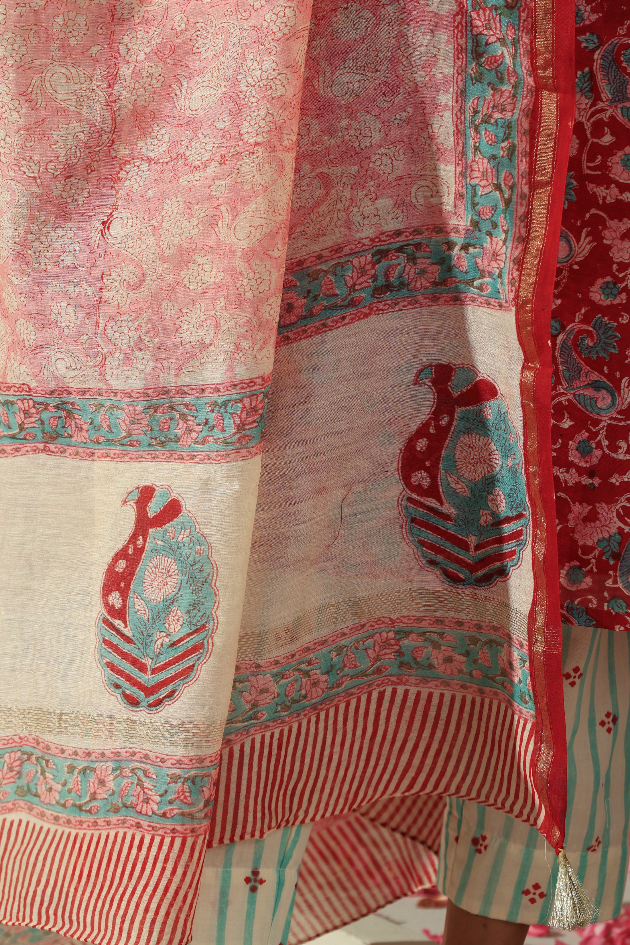 Carmine Red Embroidered Chanderi Kurta Set of 3