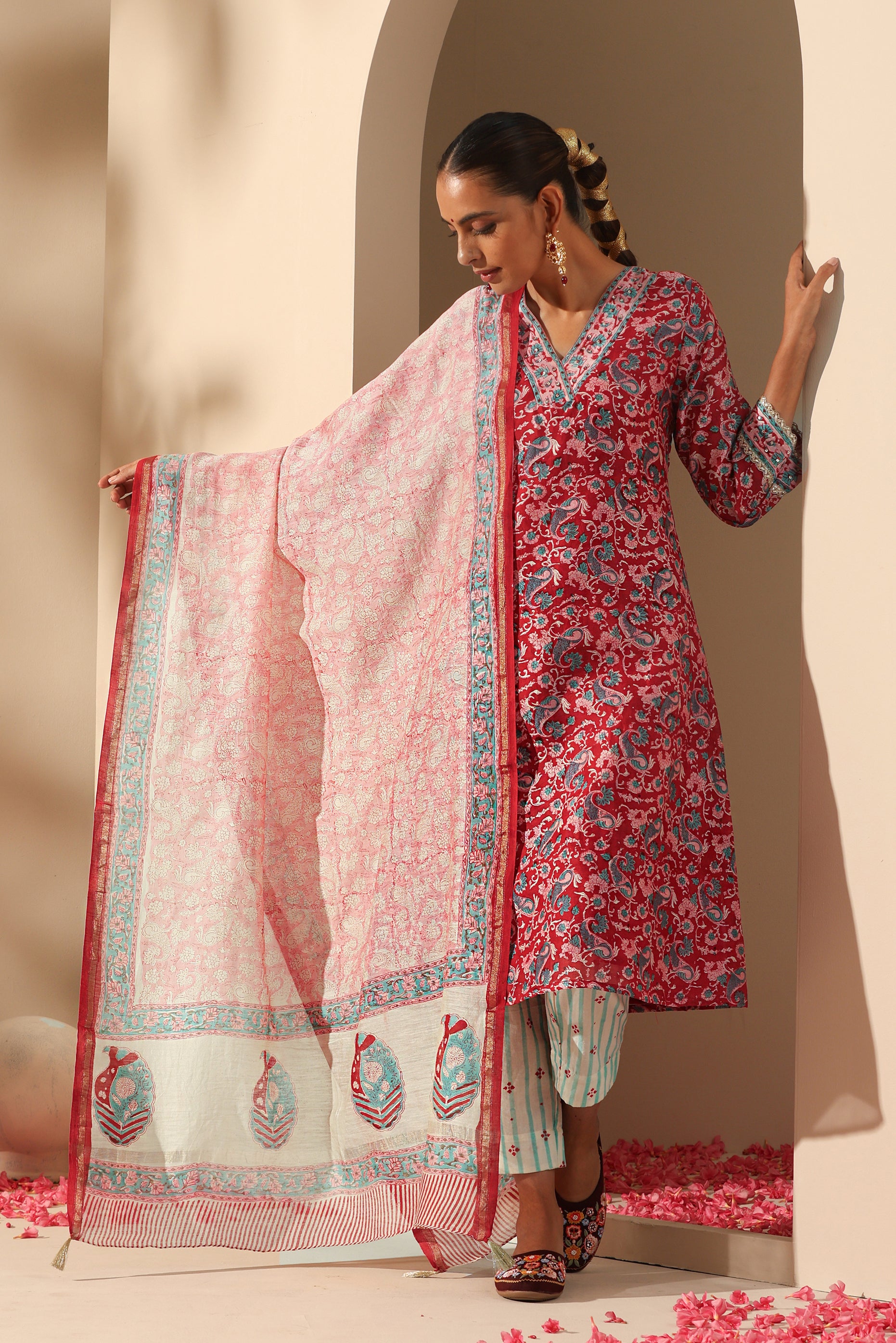 Carmine Red Embroidered Chanderi Kurta Set of 3