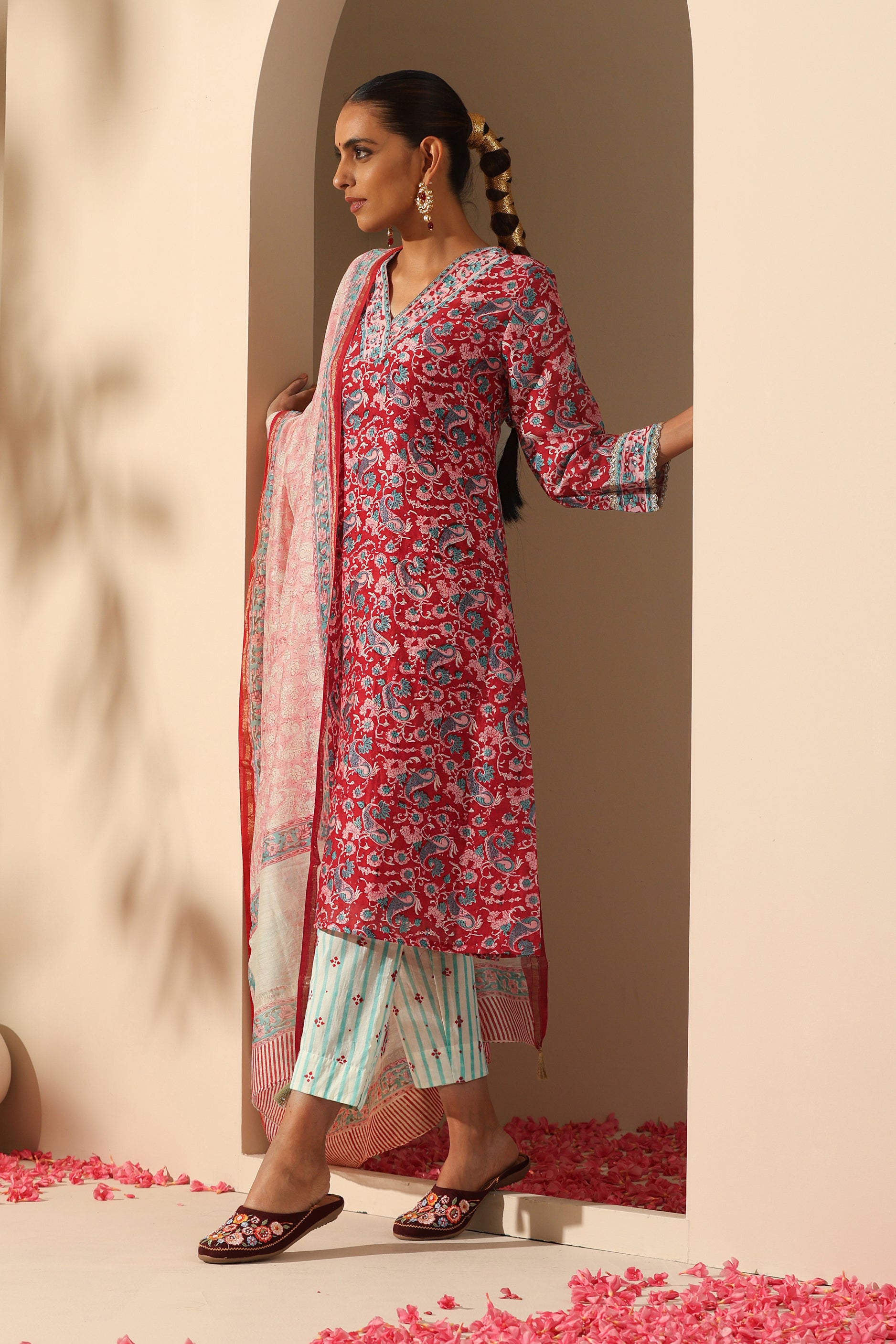 Carmine Red Embroidered Chanderi Kurta Set of 3