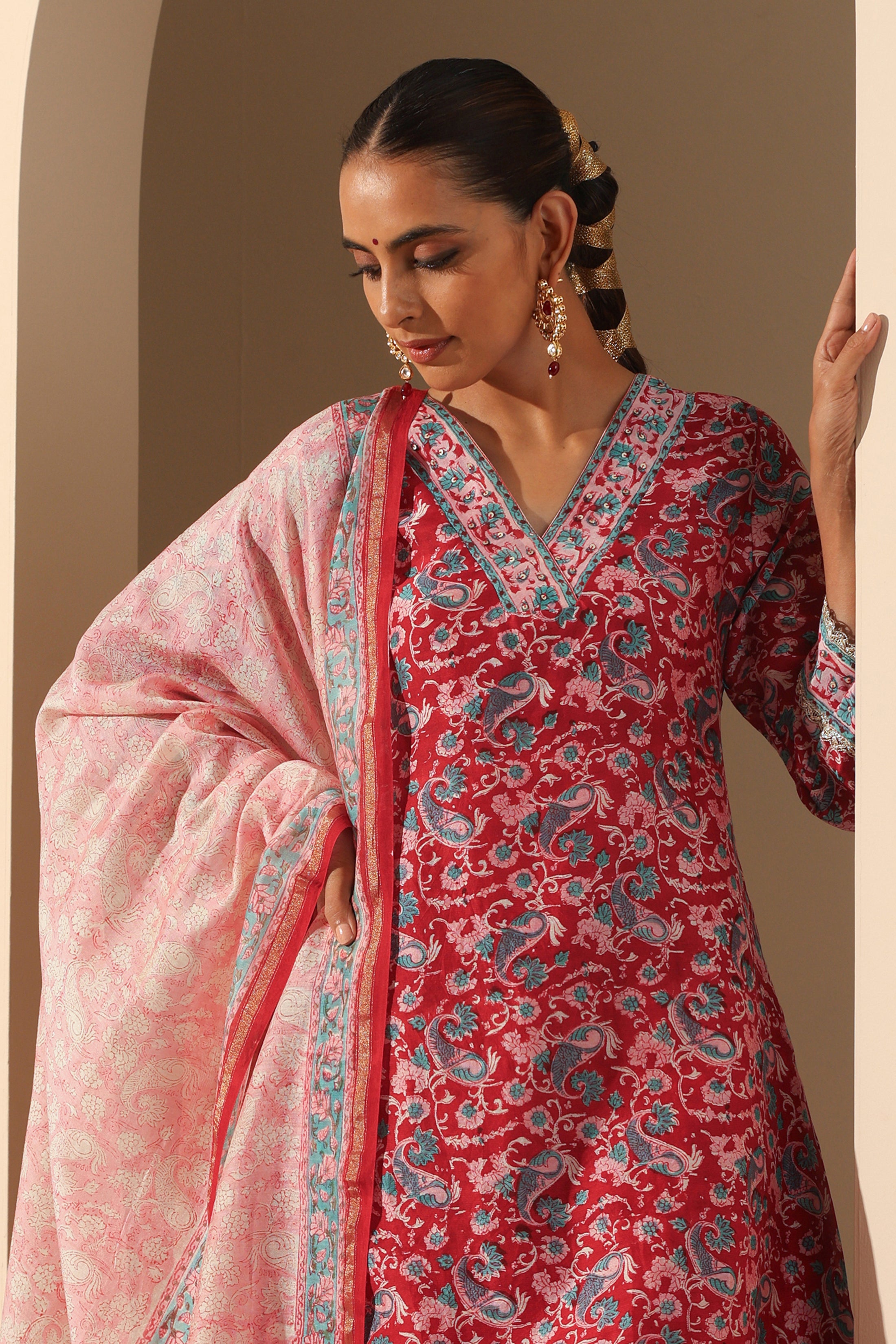 Carmine Red Embroidered Chanderi Kurta Set of 3