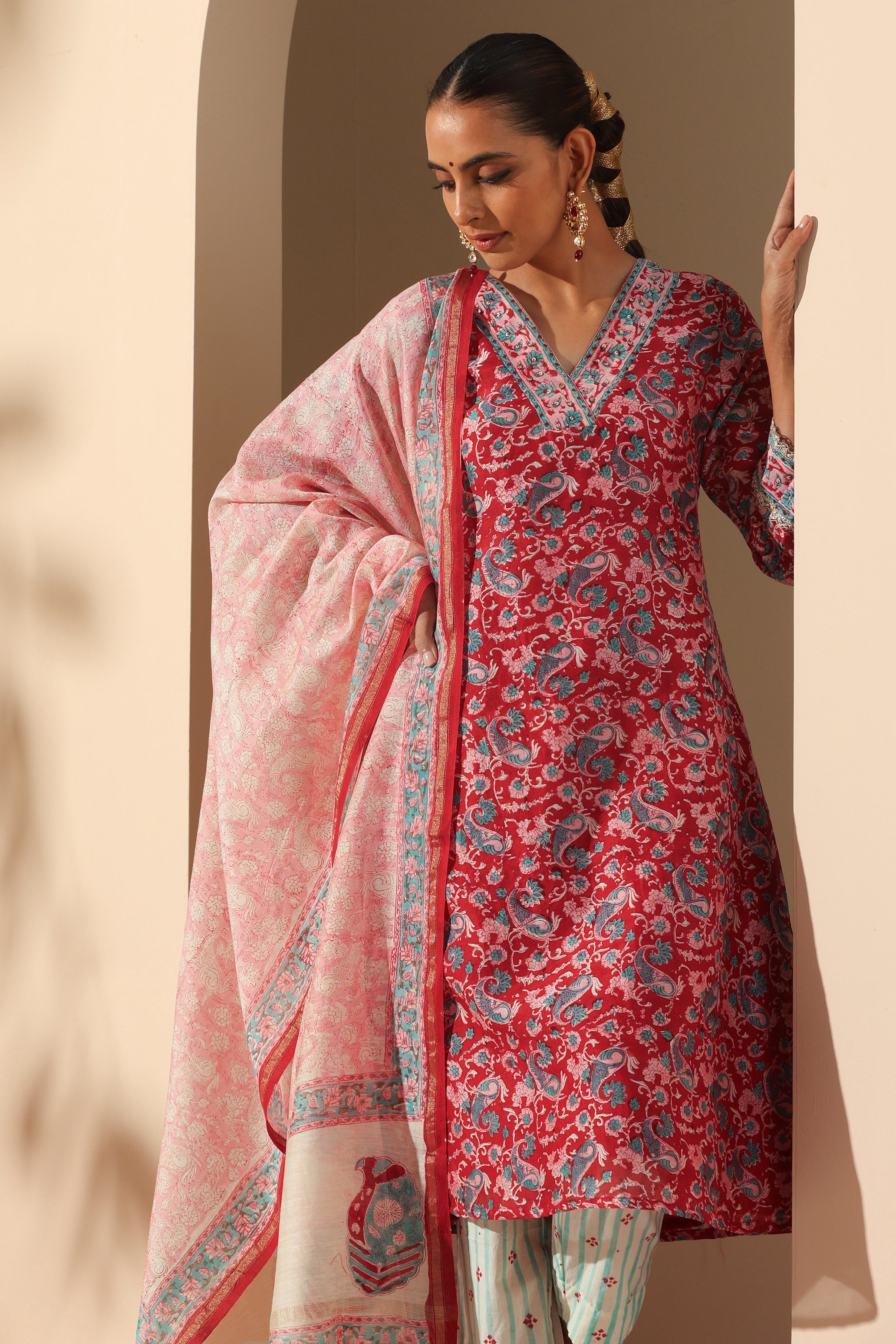 Carmine Red Embroidered Chanderi Kurta Set of 3
