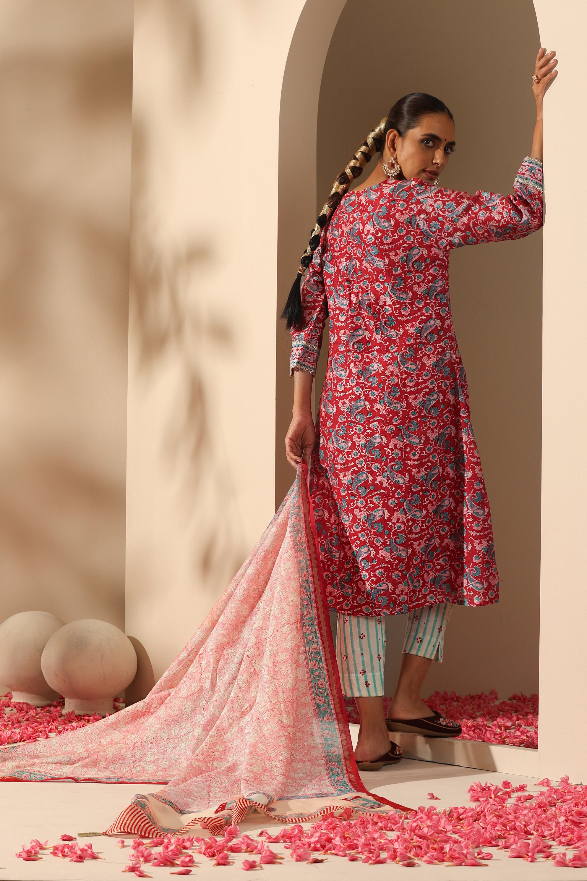 Carmine Red Embroidered Chanderi Kurta Set of 3