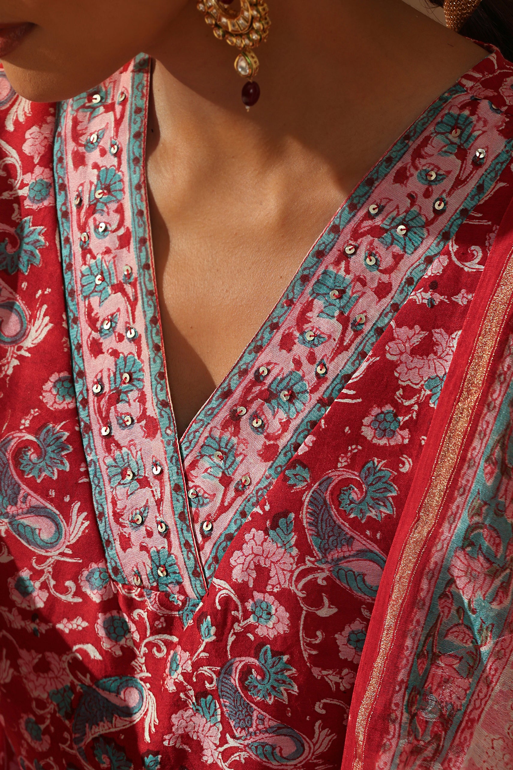 Carmine Red Embroidered Chanderi Kurta Set of 3