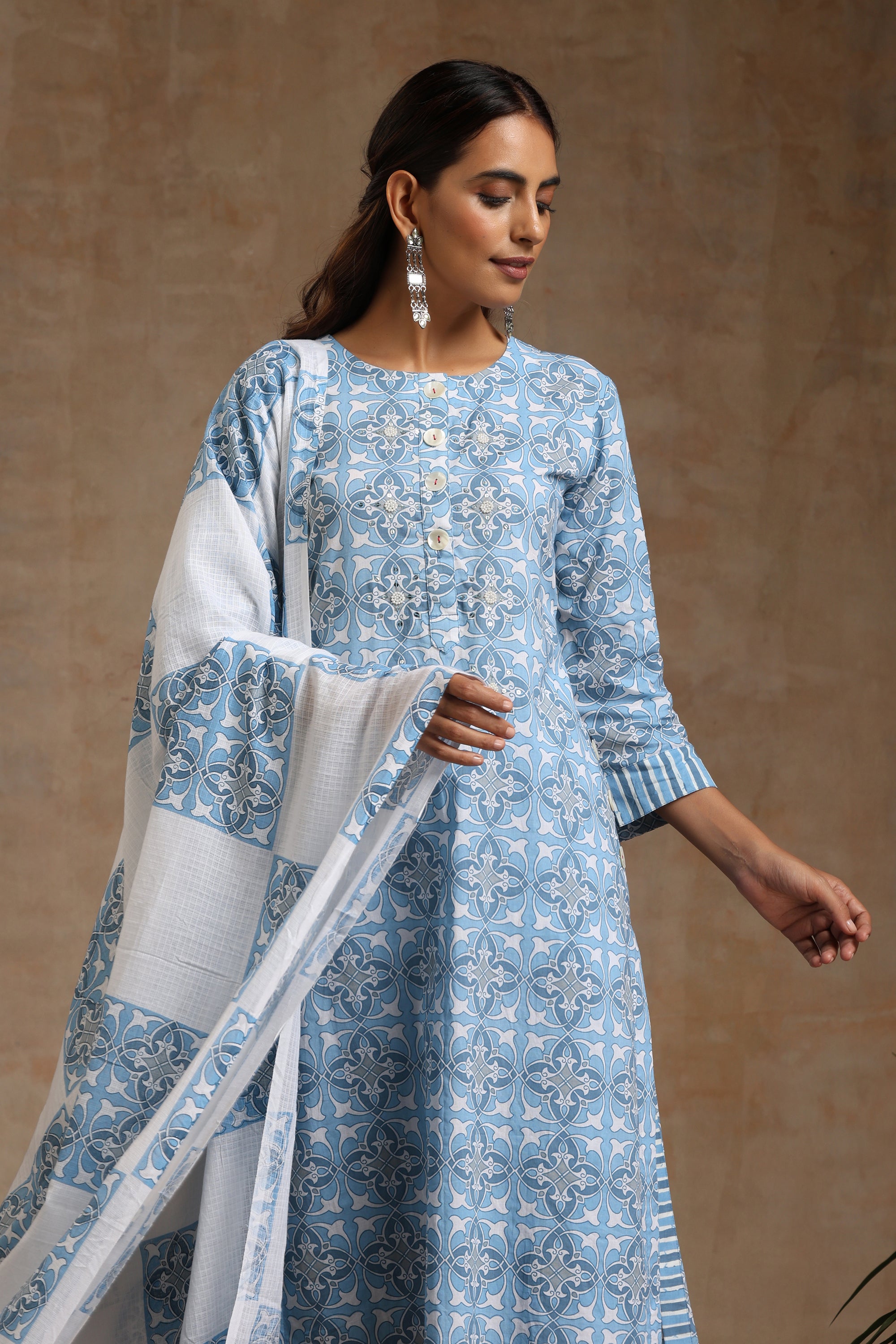 Sky Blue Geometric Embroidered Kurta Set of 3