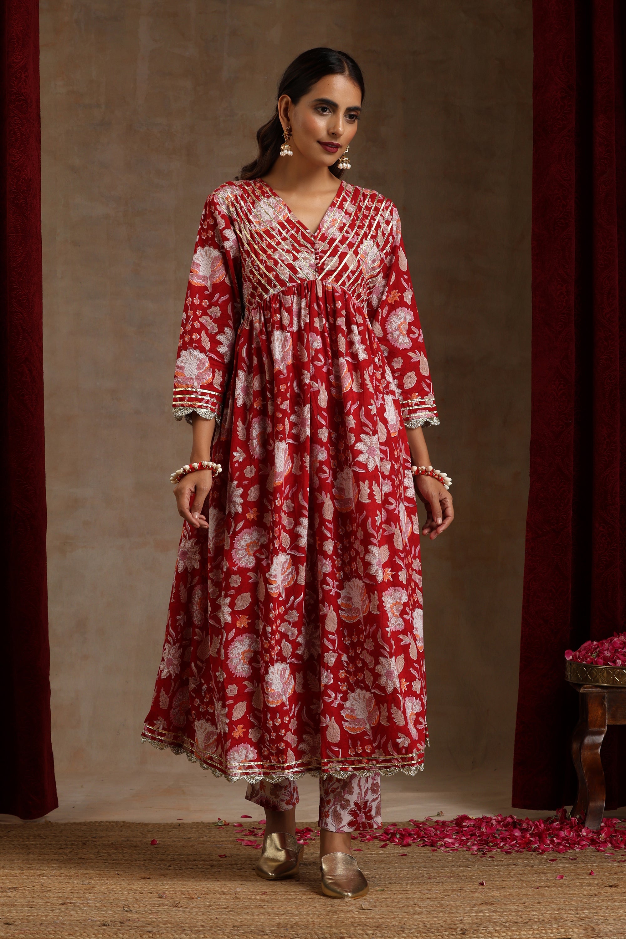 Red Scarlet Floral Anarkali Set of 3