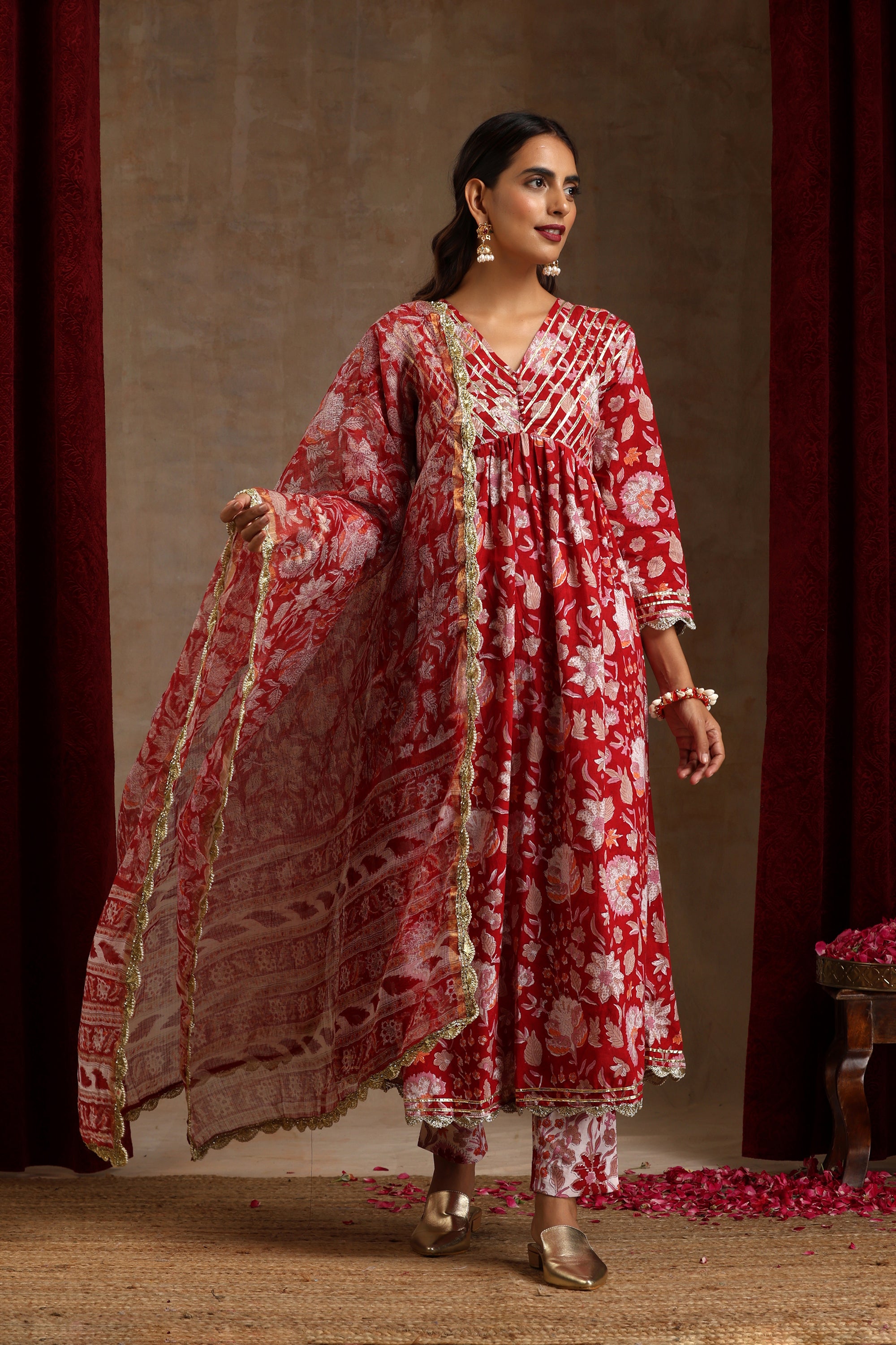 Red Scarlet Floral Anarkali Set of 3