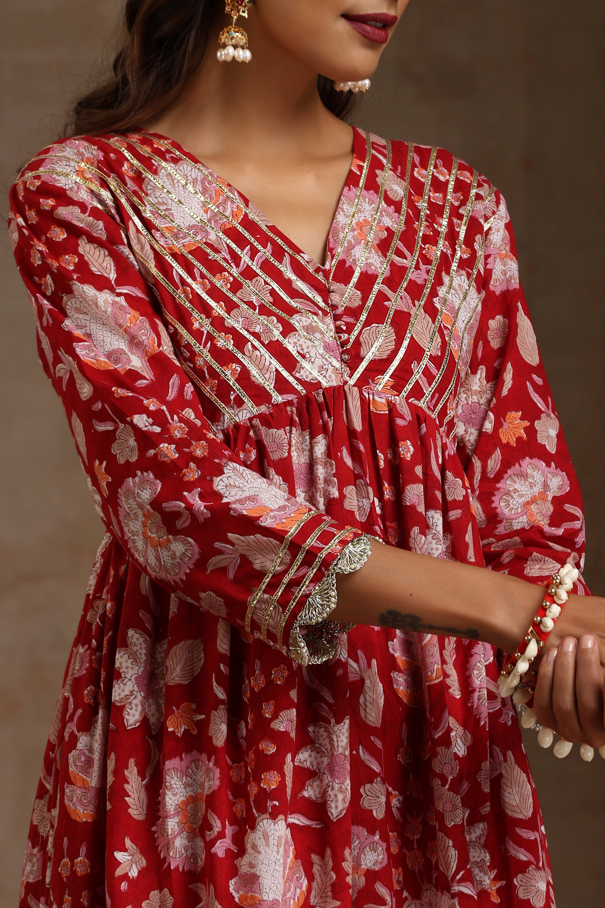 Red Scarlet Floral Anarkali Set of 3
