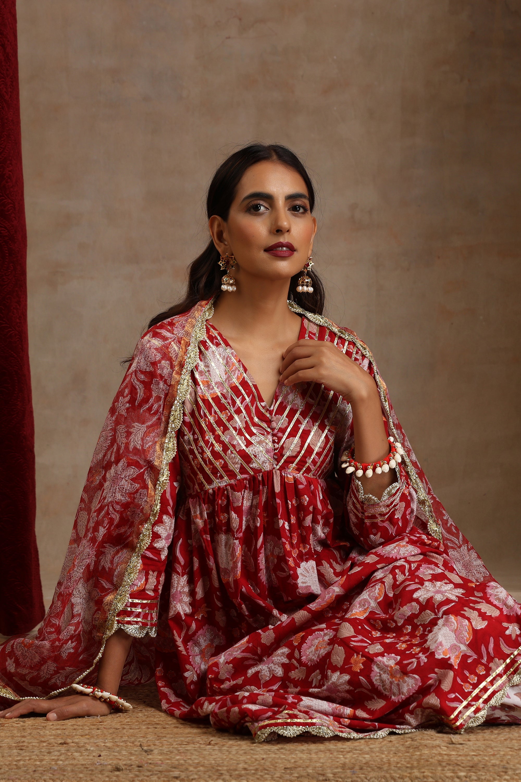 Red Scarlet Floral Anarkali Set of 3