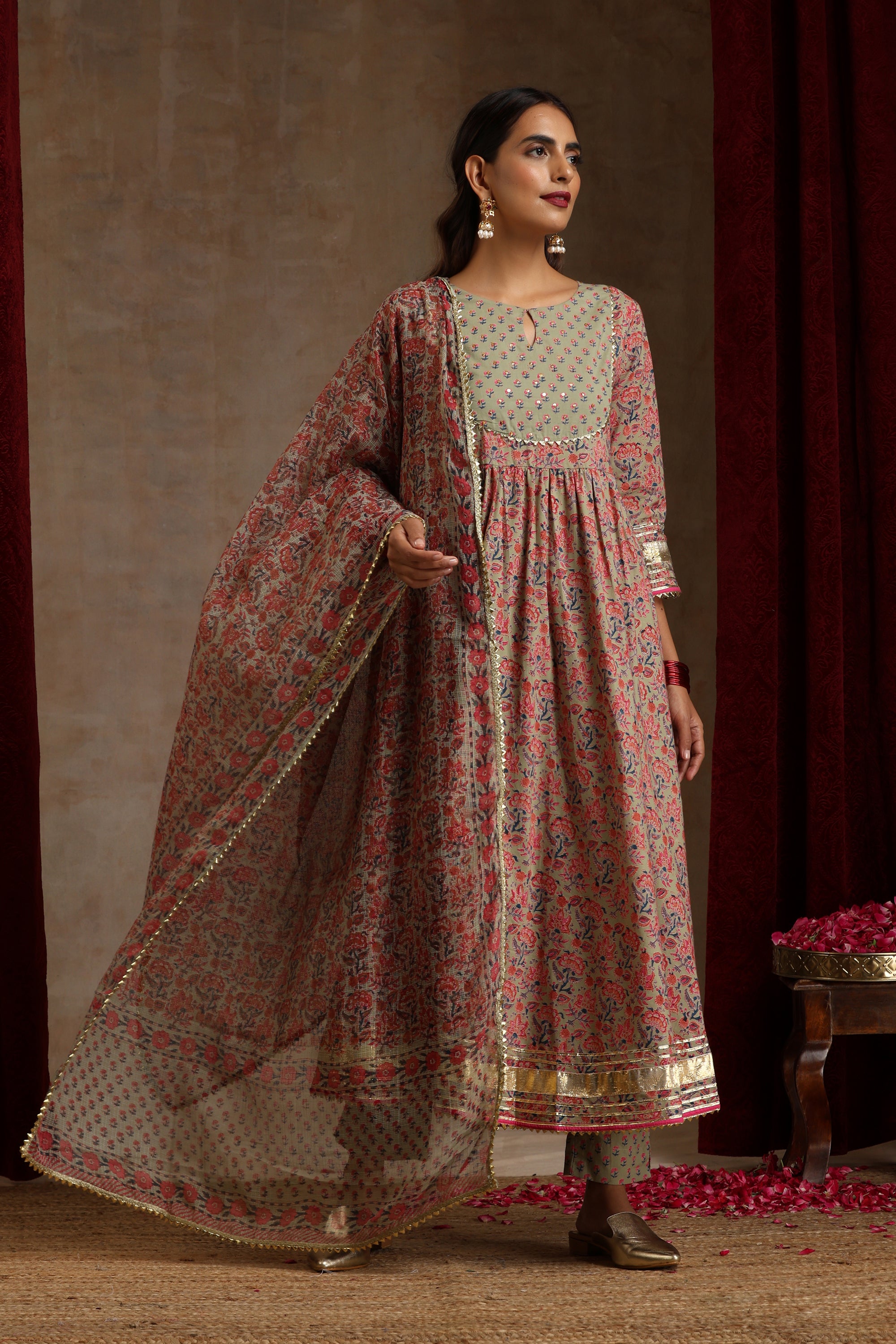 Sage Green Embroidered Anarkali Set of 3