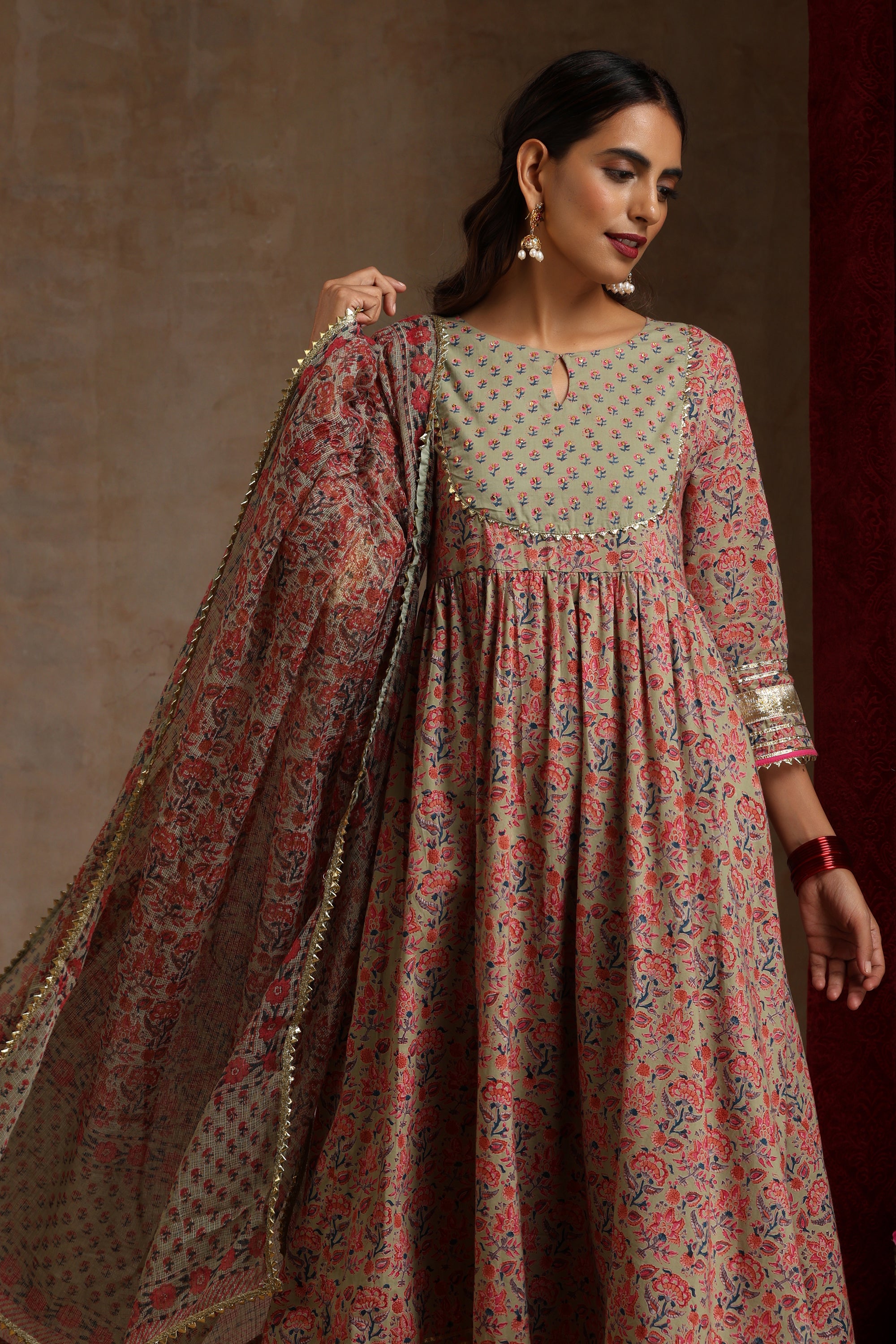 Sage Green Embroidered Anarkali Set of 3