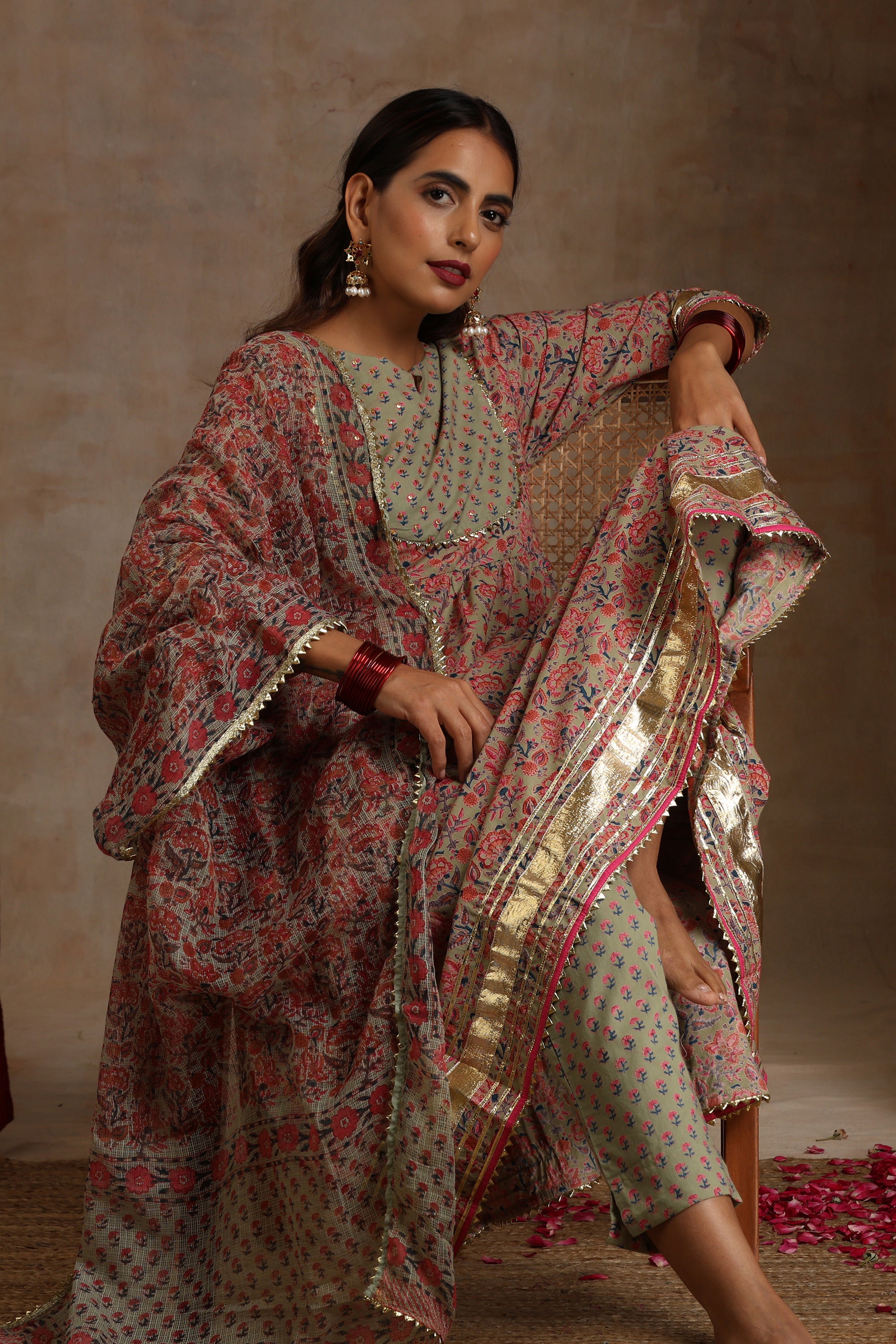 Sage Green Embroidered Anarkali Set of 3