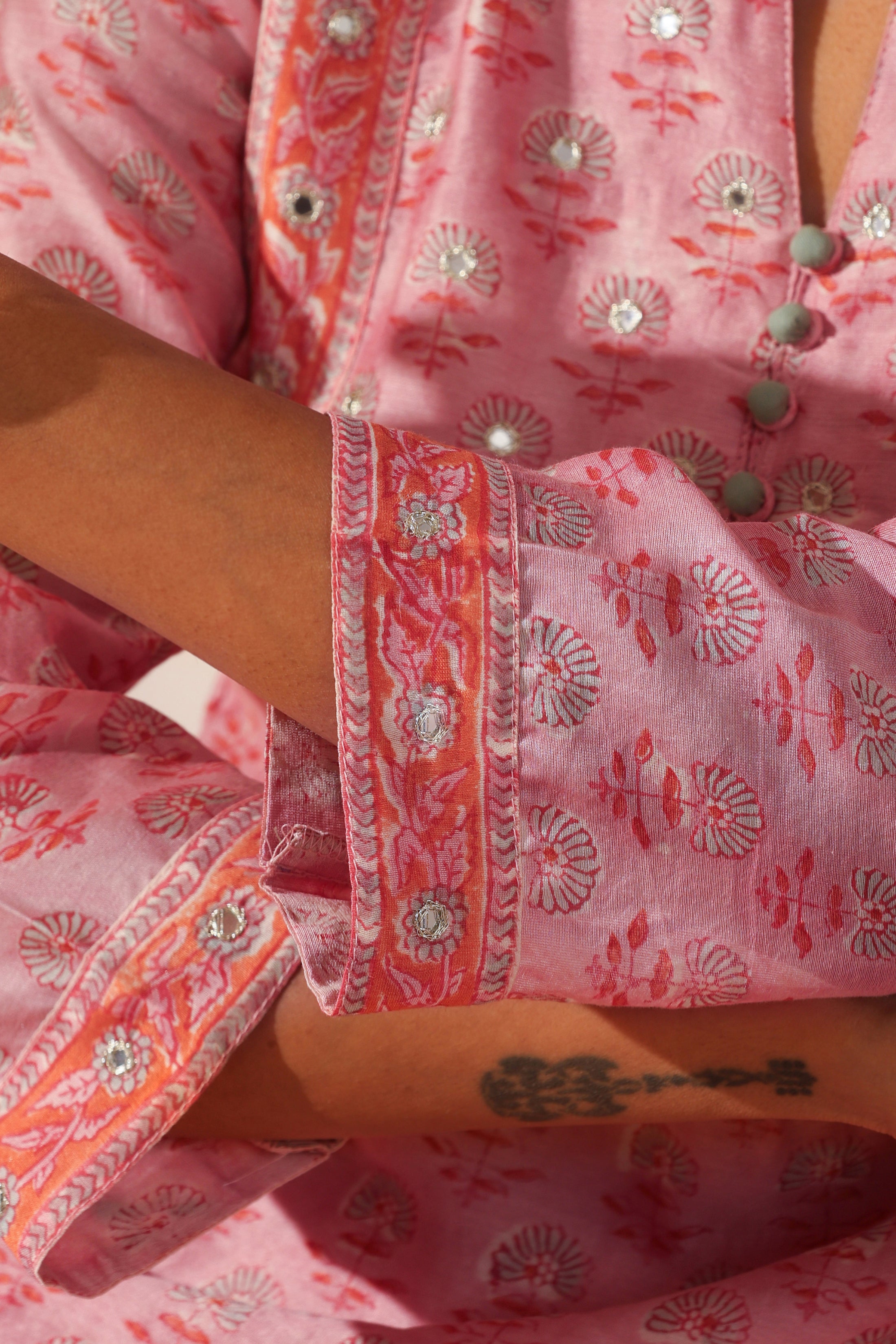 Rose Pink Mirrorwork Chanderi Kurta Set of 3