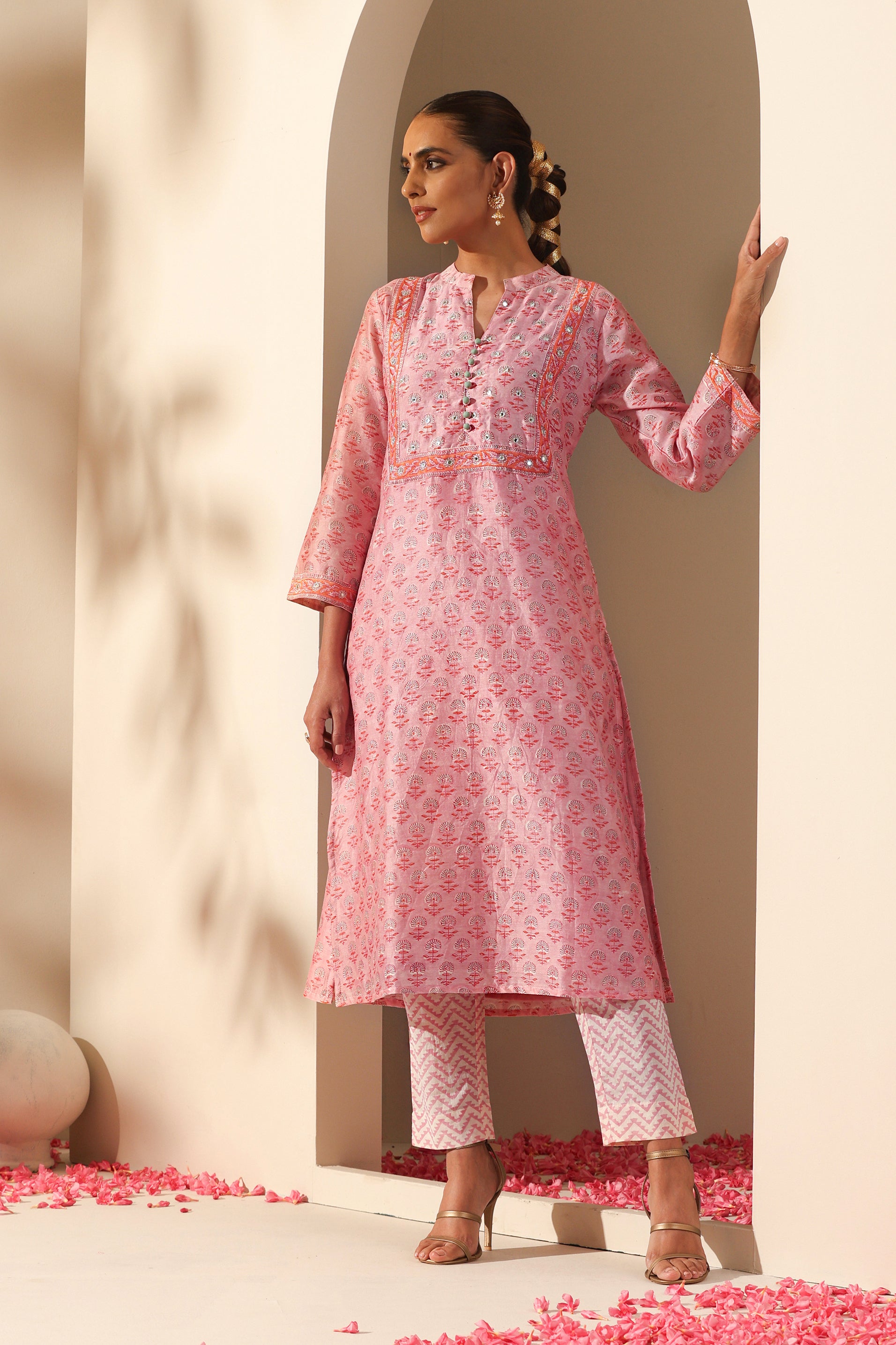 Rose Pink Mirrorwork Chanderi Kurta Set of 3