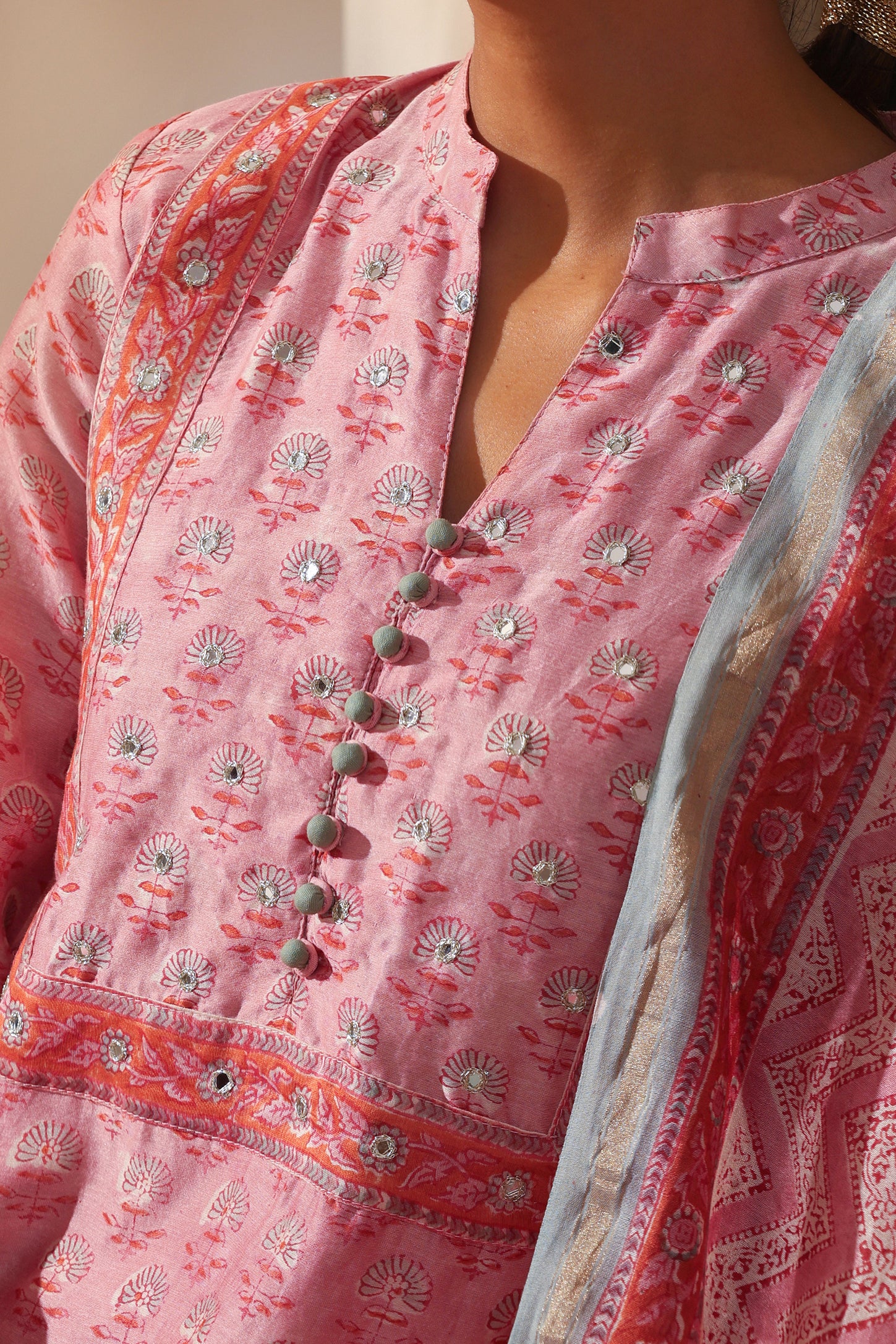 Rose Pink Mirrorwork Chanderi Kurta Set of 3