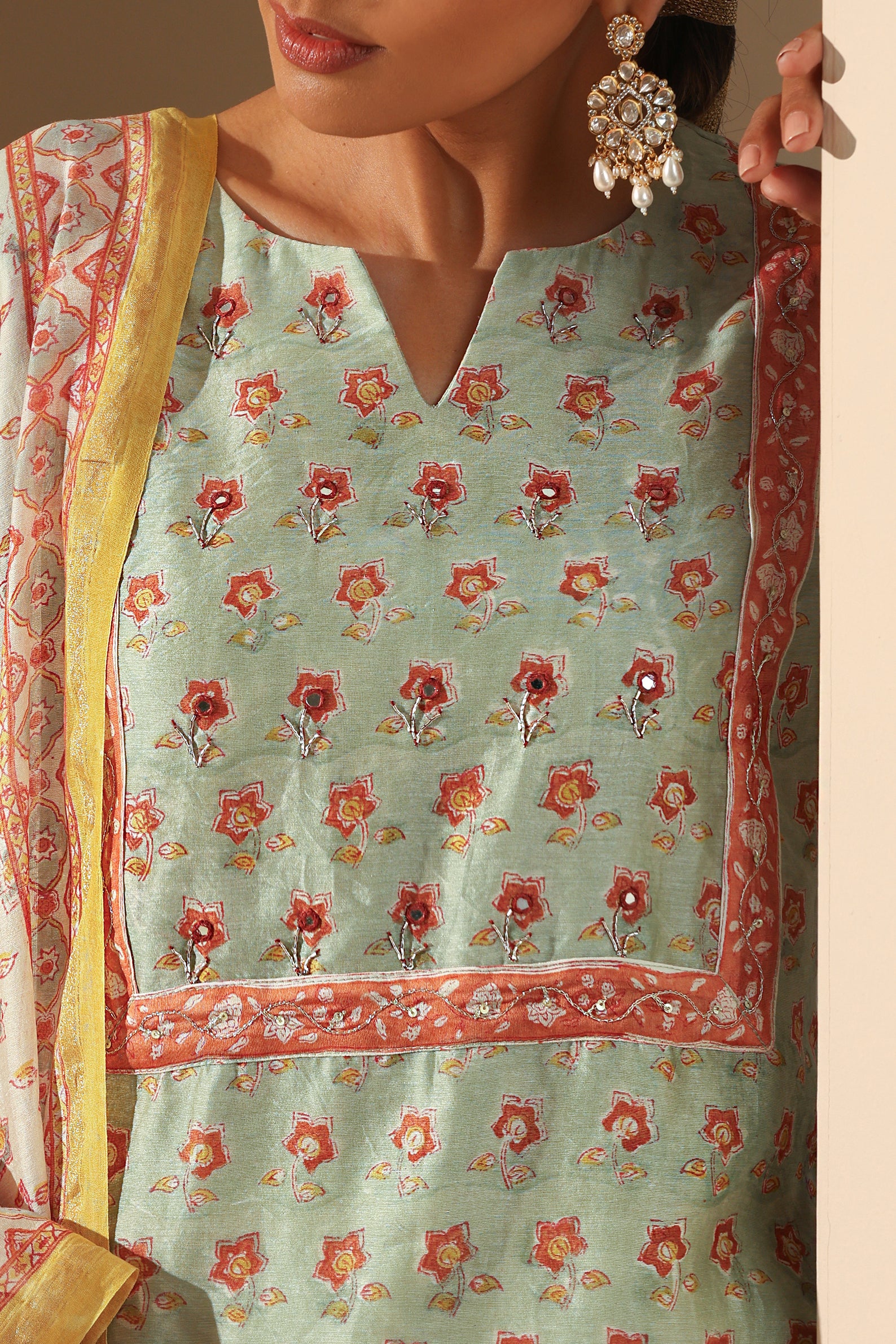 Pistachio Green Embroidered Chanderi Kurta Set of 3