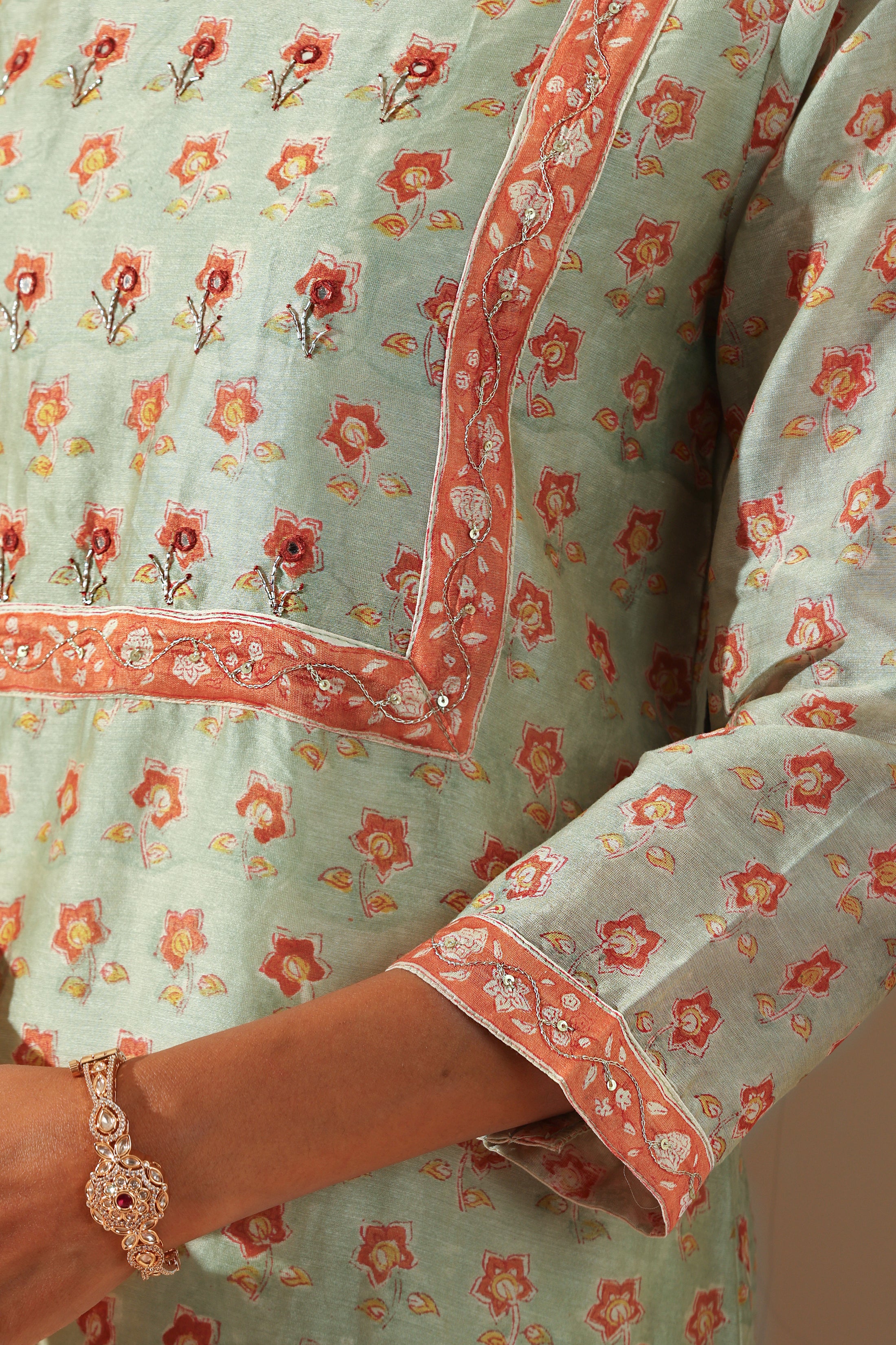 Pistachio Green Embroidered Chanderi Kurta Set of 3