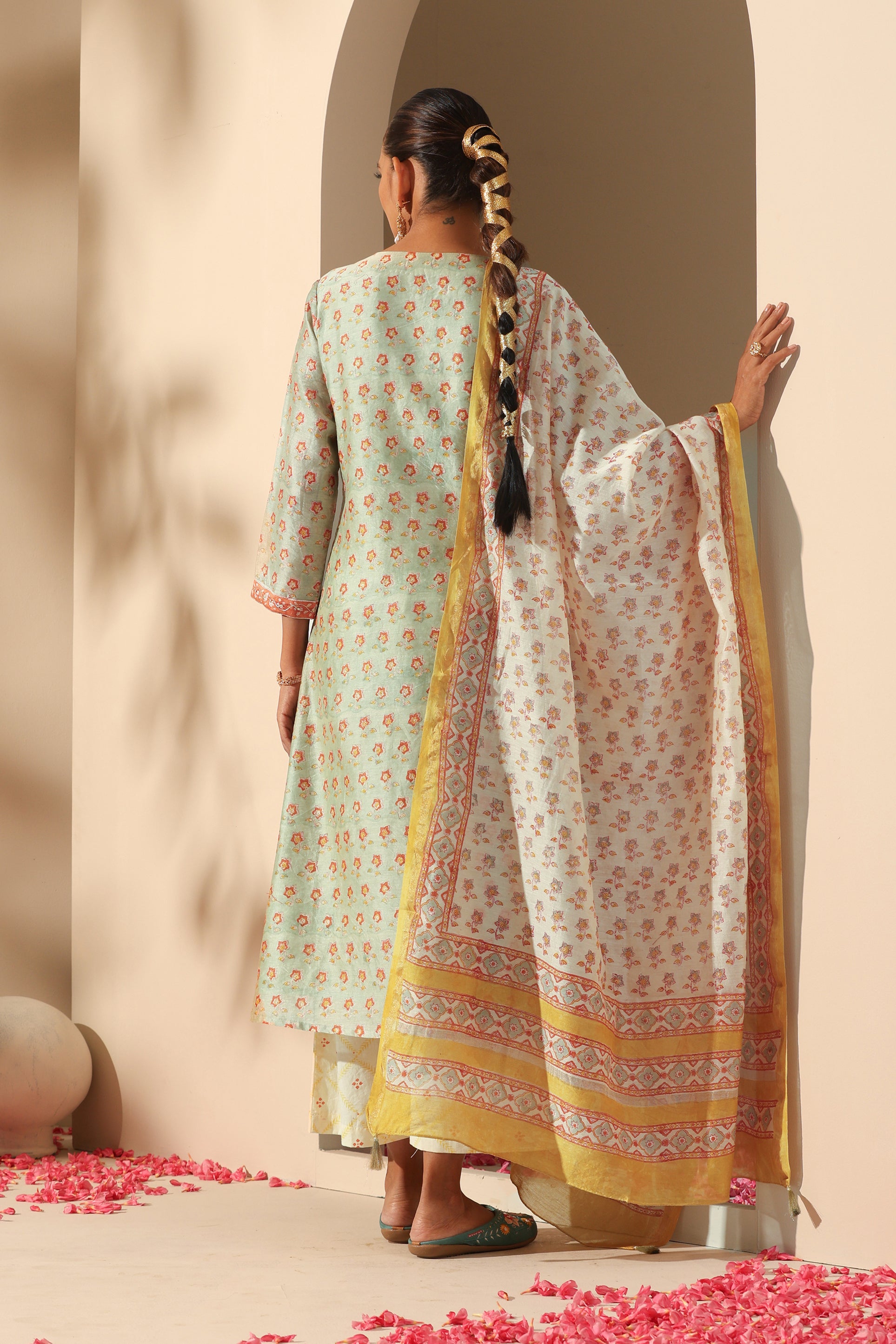Pistachio Green Embroidered Chanderi Kurta Set of 3
