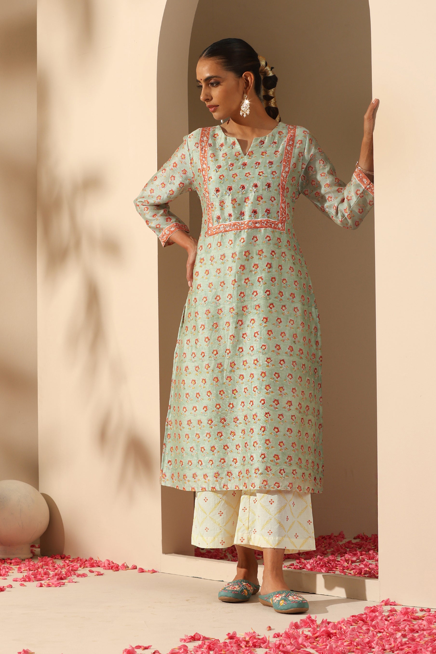 Pistachio Green Embroidered Chanderi Kurta Set of 3