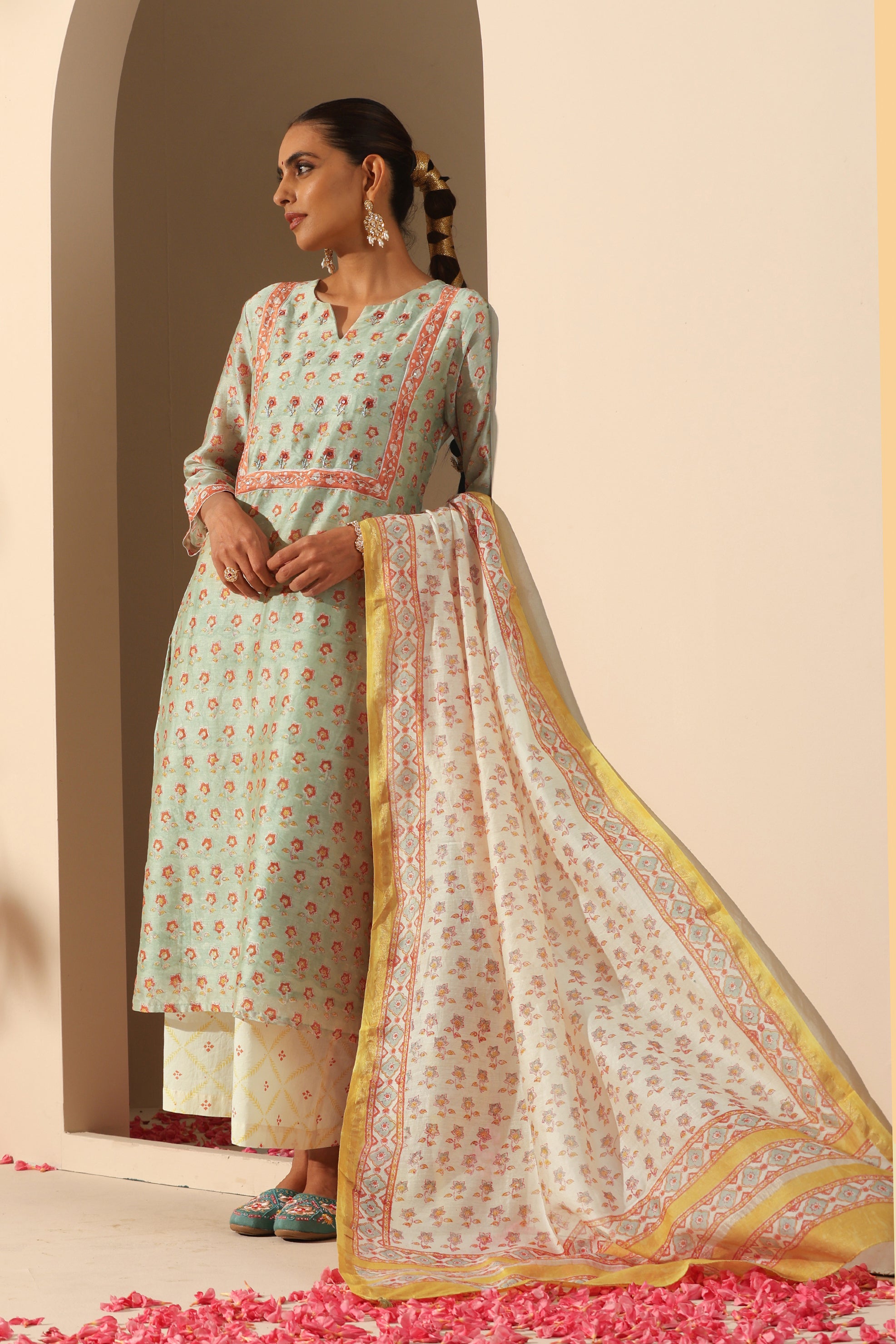 Pistachio Green Embroidered Chanderi Kurta Set of 3
