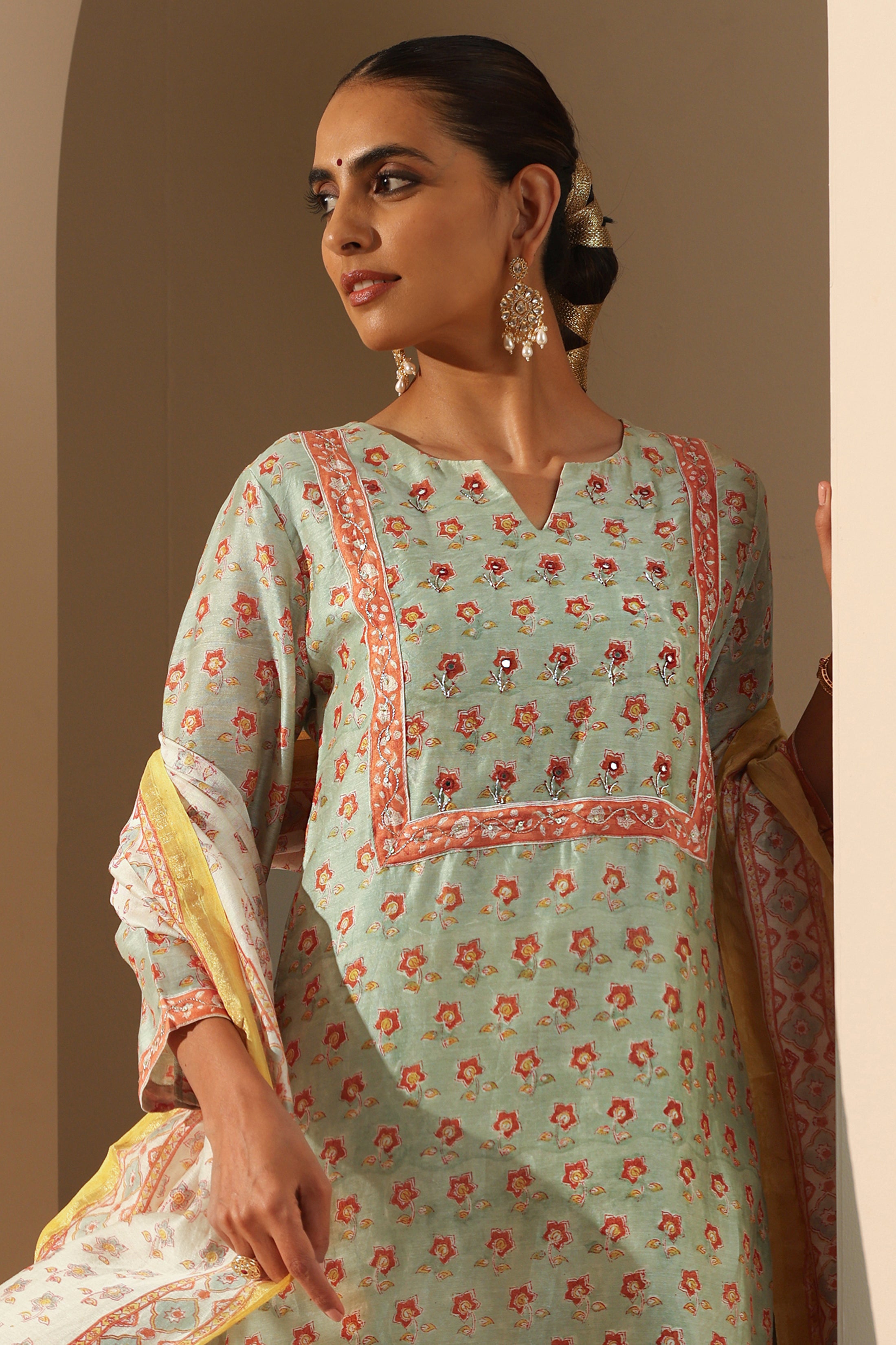 Pistachio Green Embroidered Chanderi Kurta Set of 3