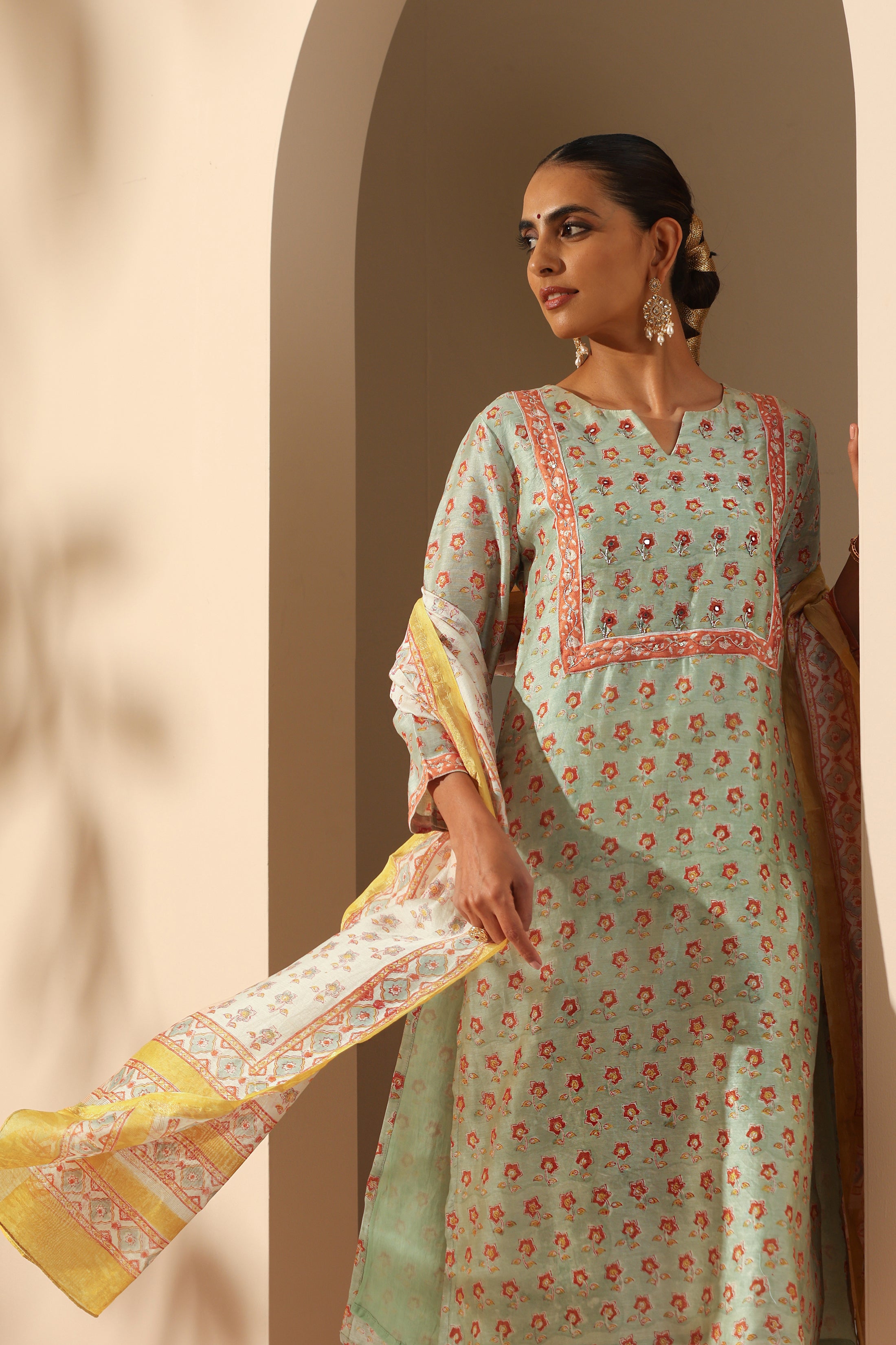 Pistachio Green Embroidered Chanderi Kurta Set of 3