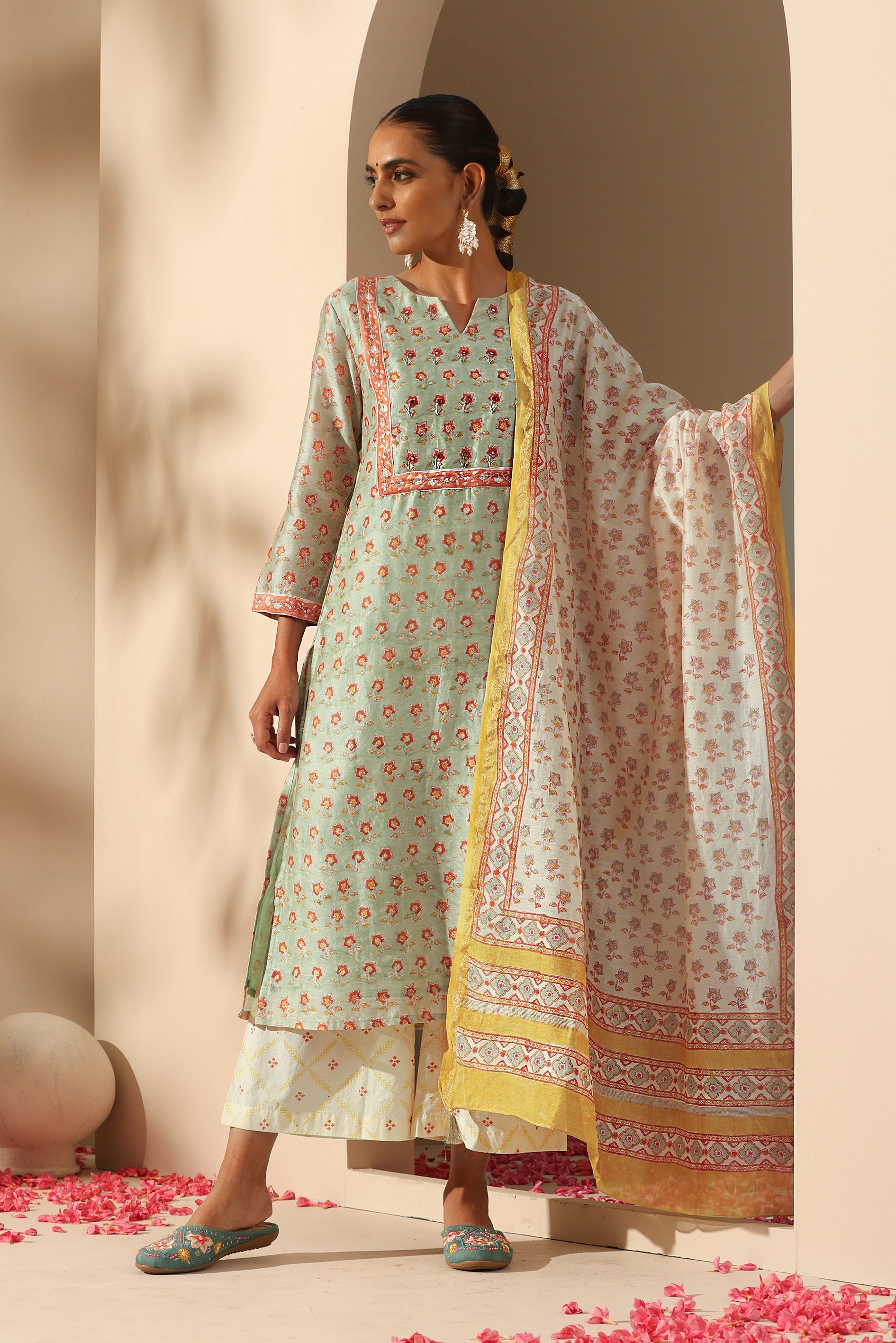 Pistachio Green Embroidered Chanderi Kurta Set of 3
