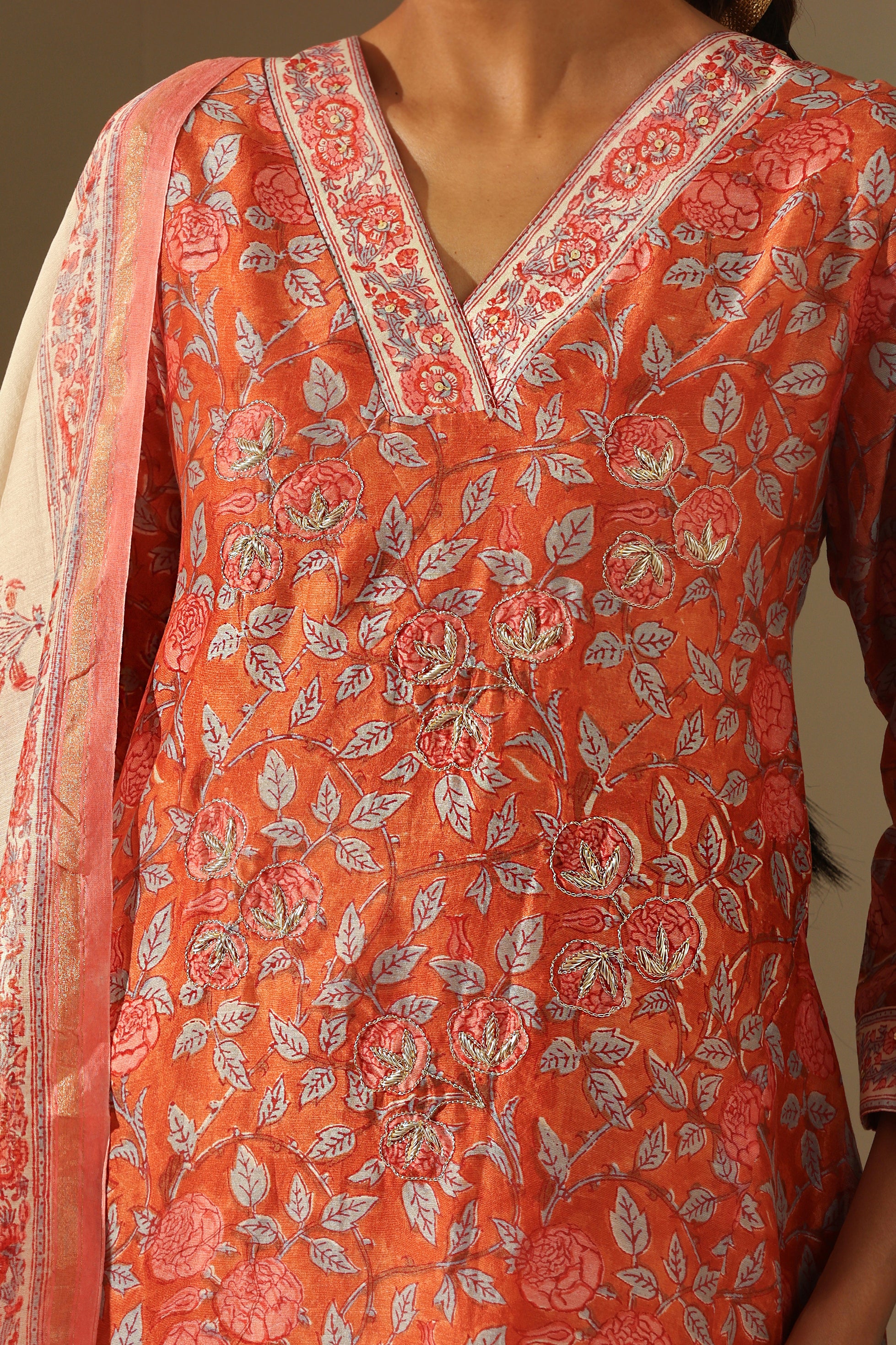 Rust Floral Zardozi Embroidered Chanderi Kurta Set of 3