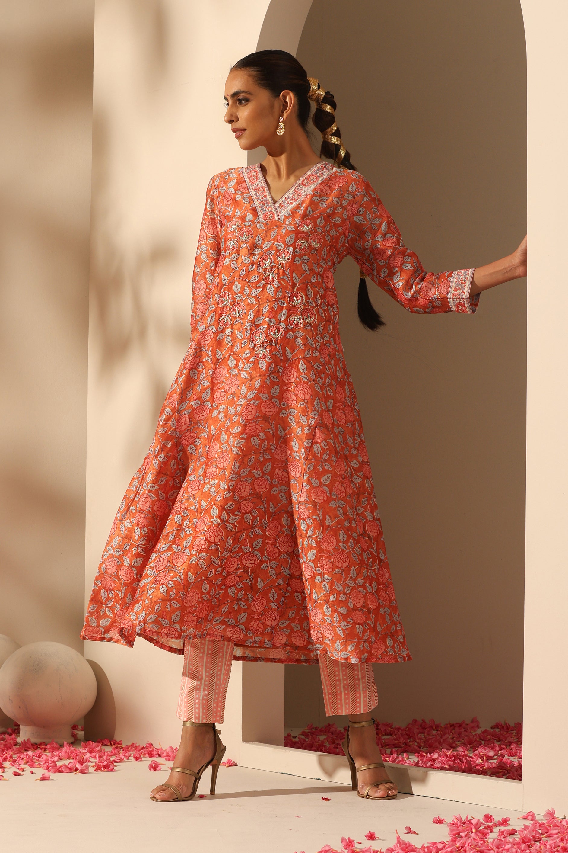 Rust Floral Zardozi Embroidered Chanderi Kurta Set of 3