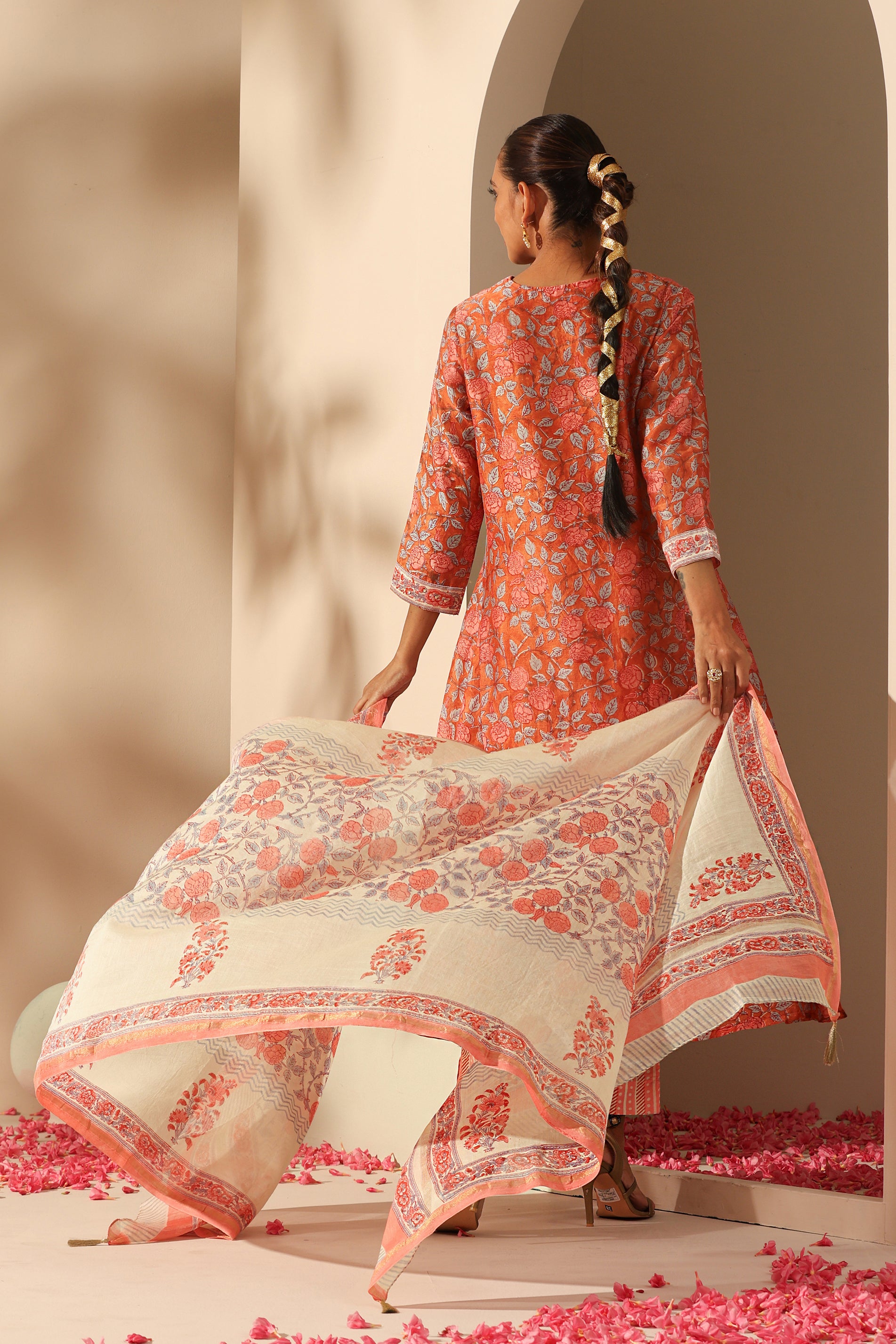 Rust Floral Zardozi Embroidered Chanderi Kurta Set of 3