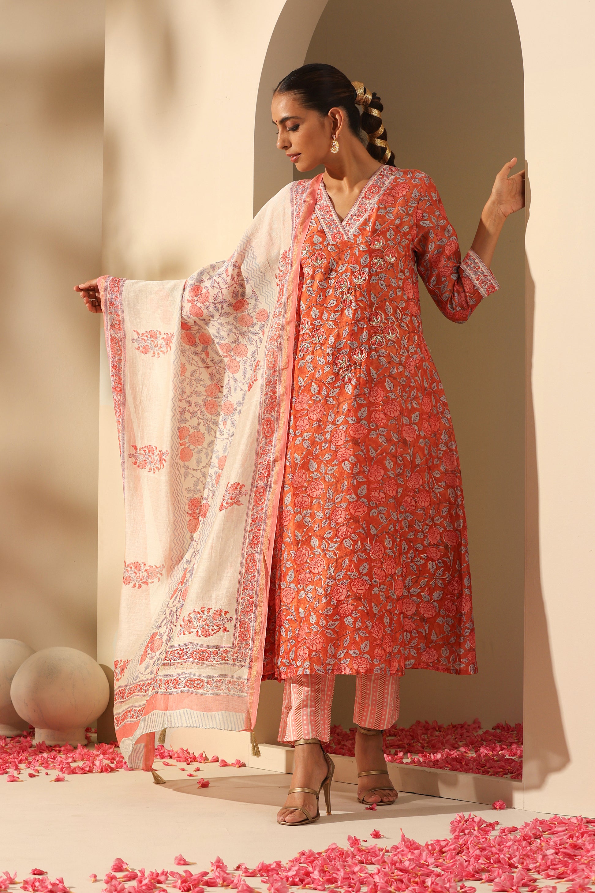 Rust Floral Zardozi Embroidered Chanderi Kurta Set of 3