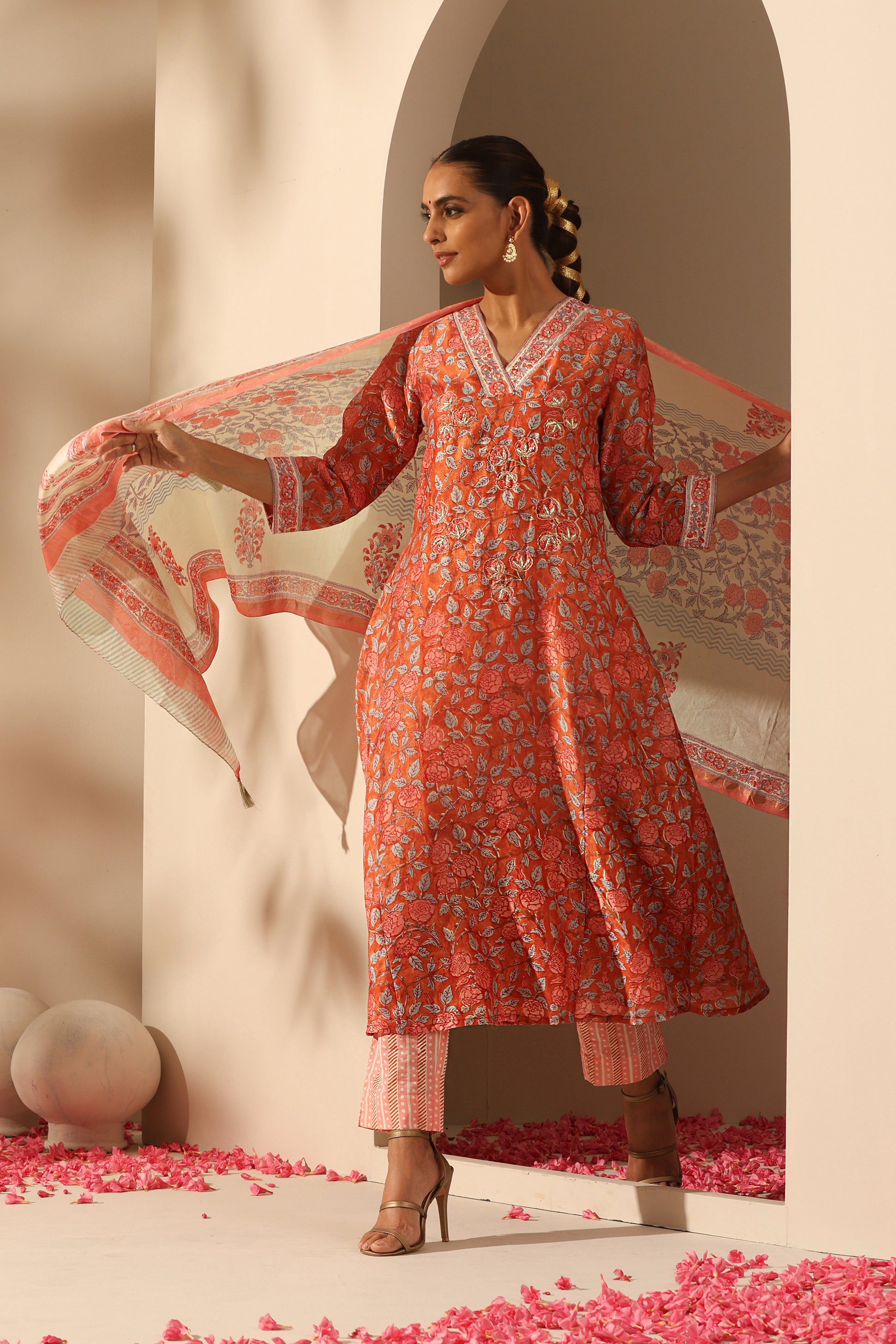 Rust Floral Zardozi Embroidered Chanderi Kurta Set of 3