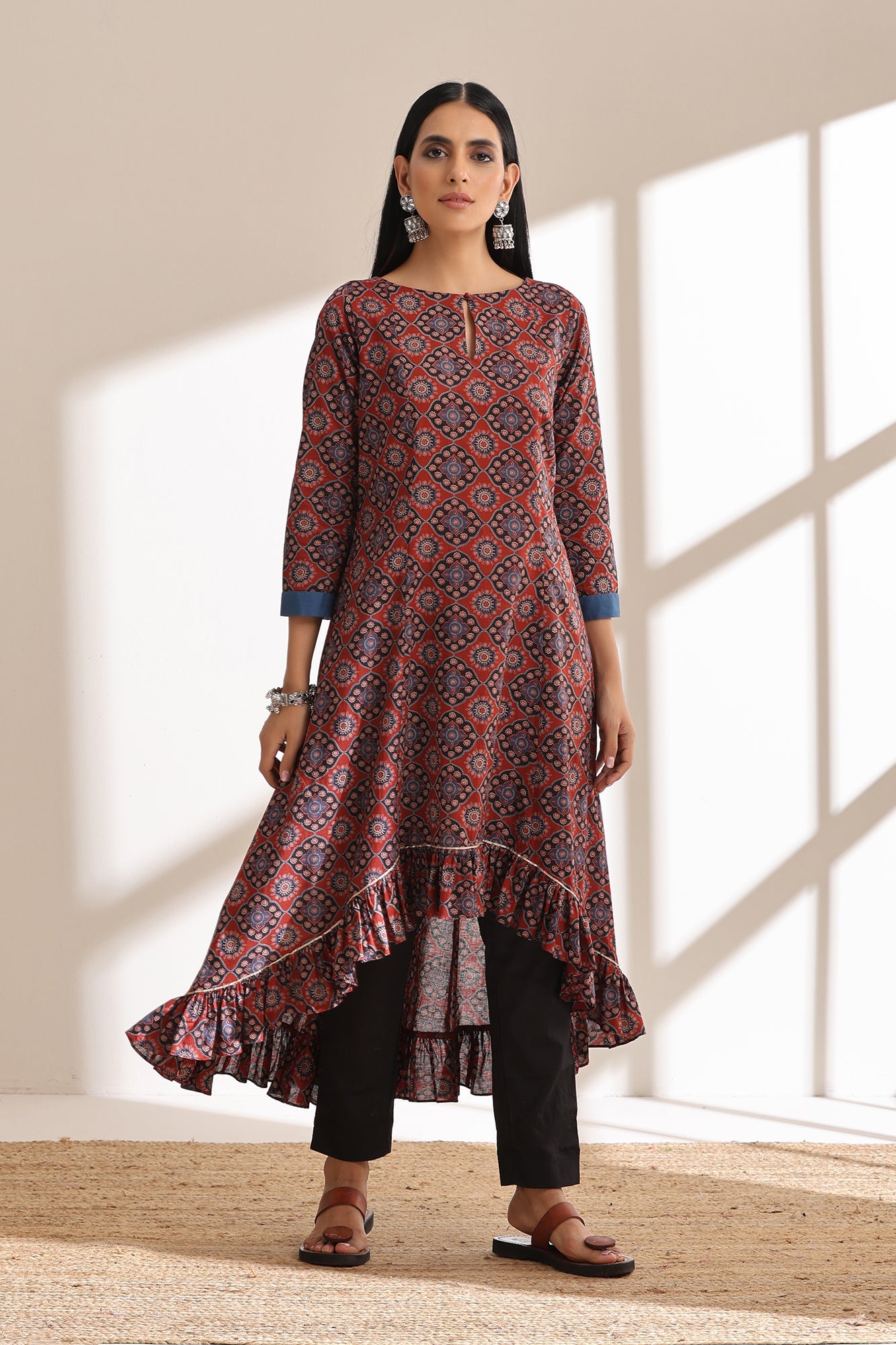 Brick Red Ajrakh High Low Kurta Set of 2