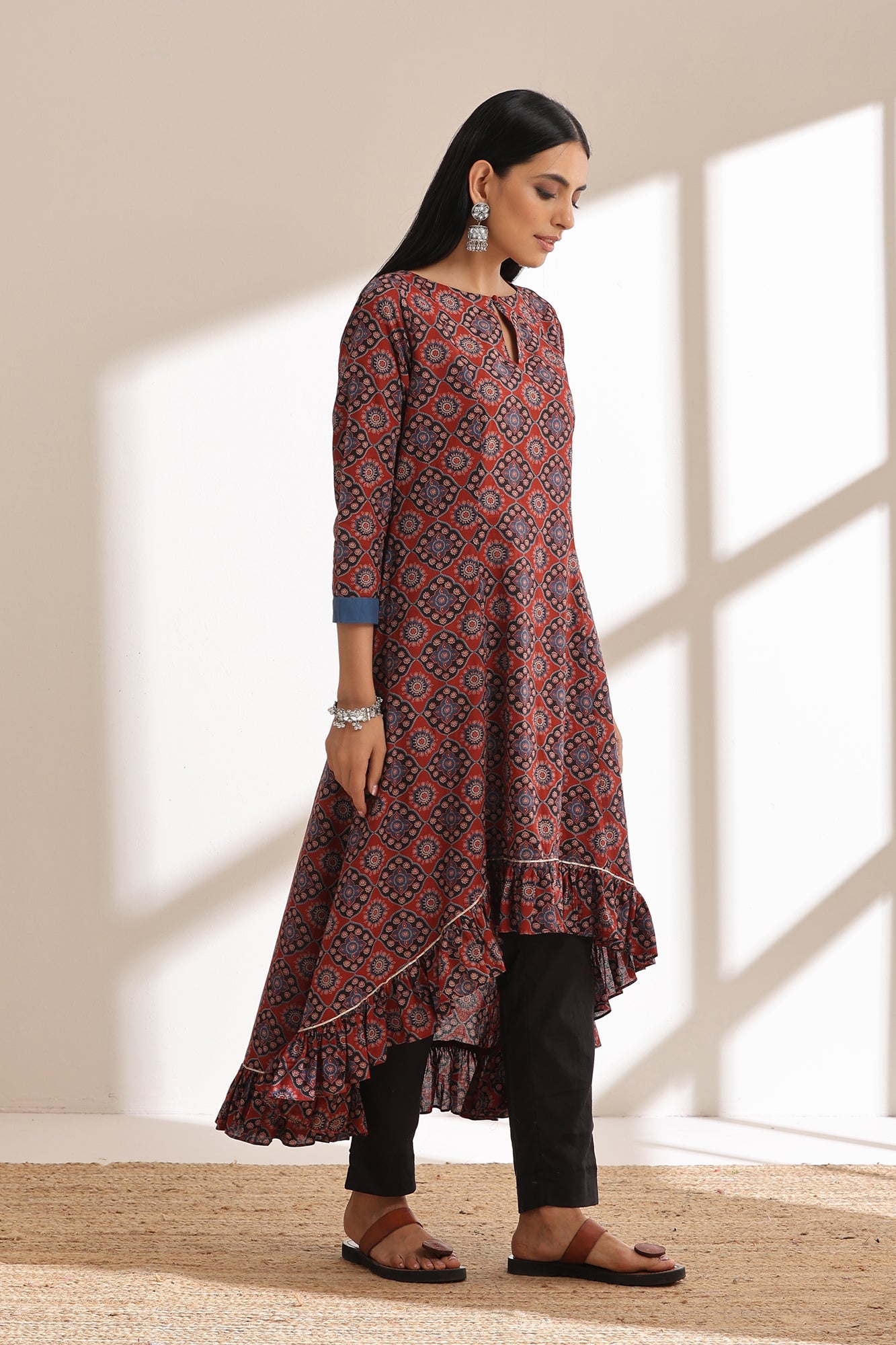 Brick Red Ajrakh High Low Kurta Set of 2