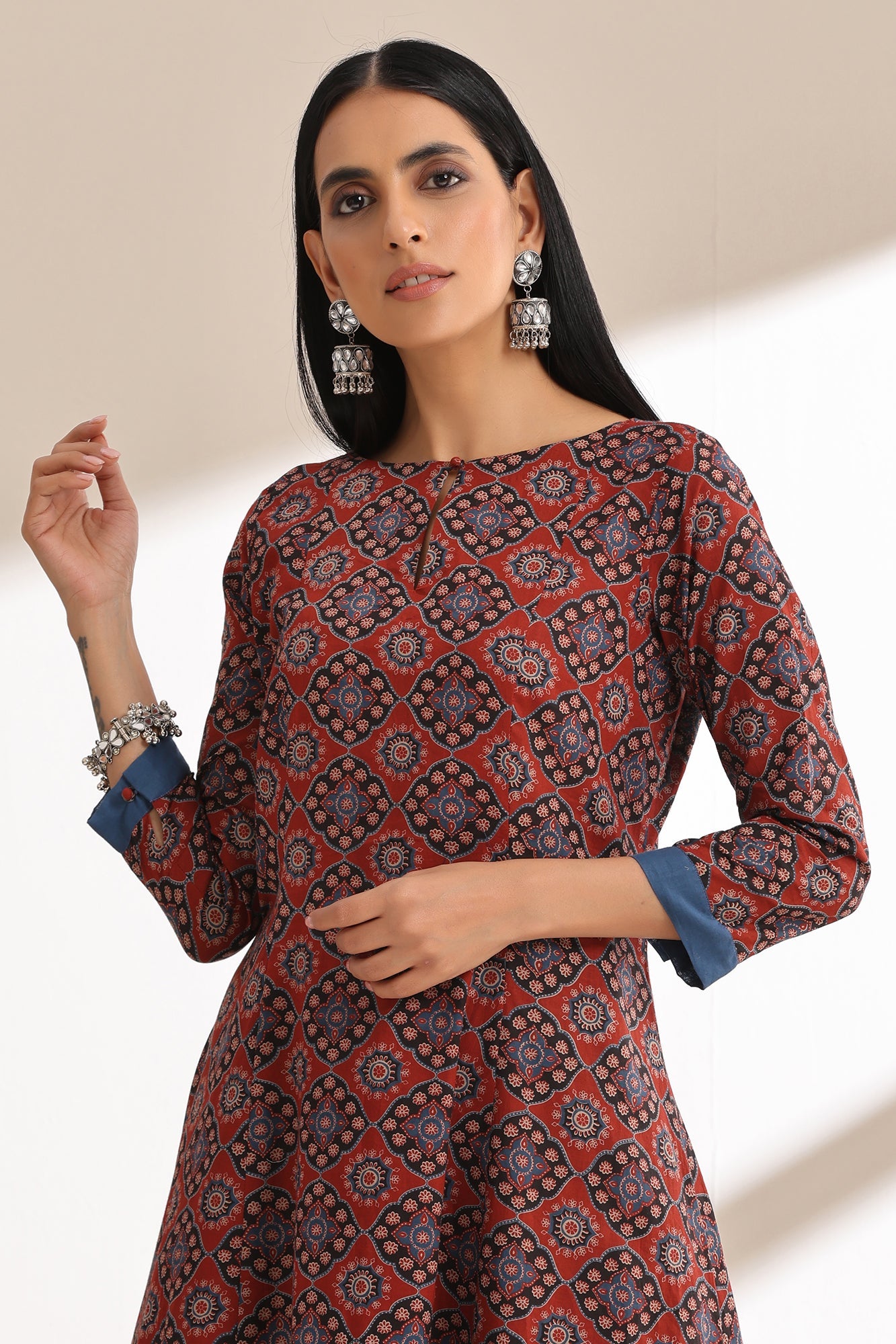 Brick Red Ajrakh High Low Kurta Set of 2