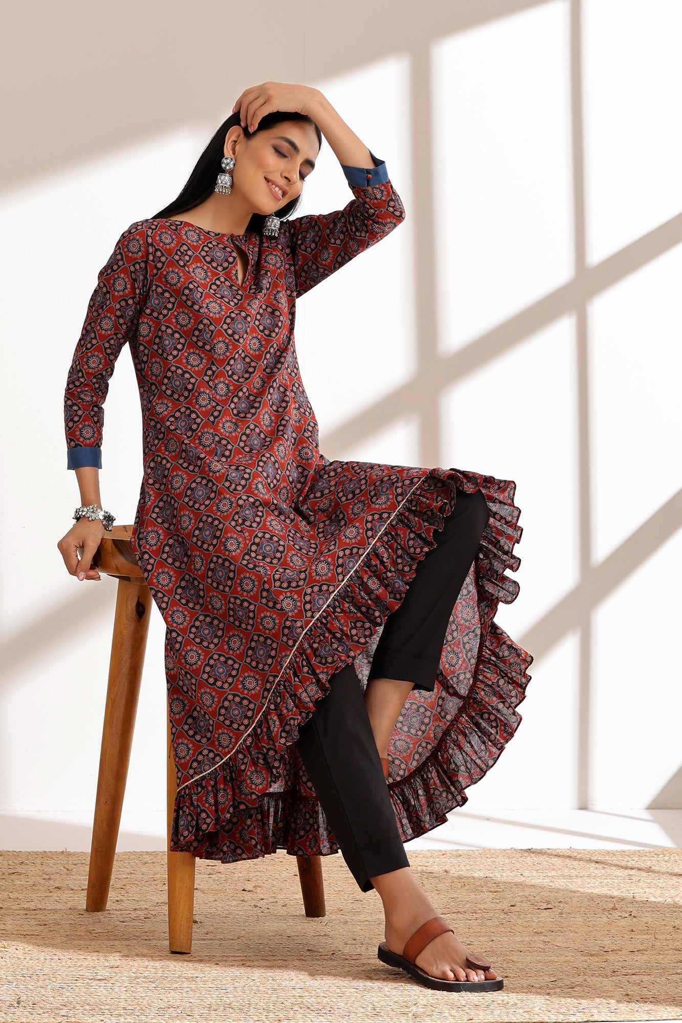 Brick Red Ajrakh High Low Kurta Set of 2