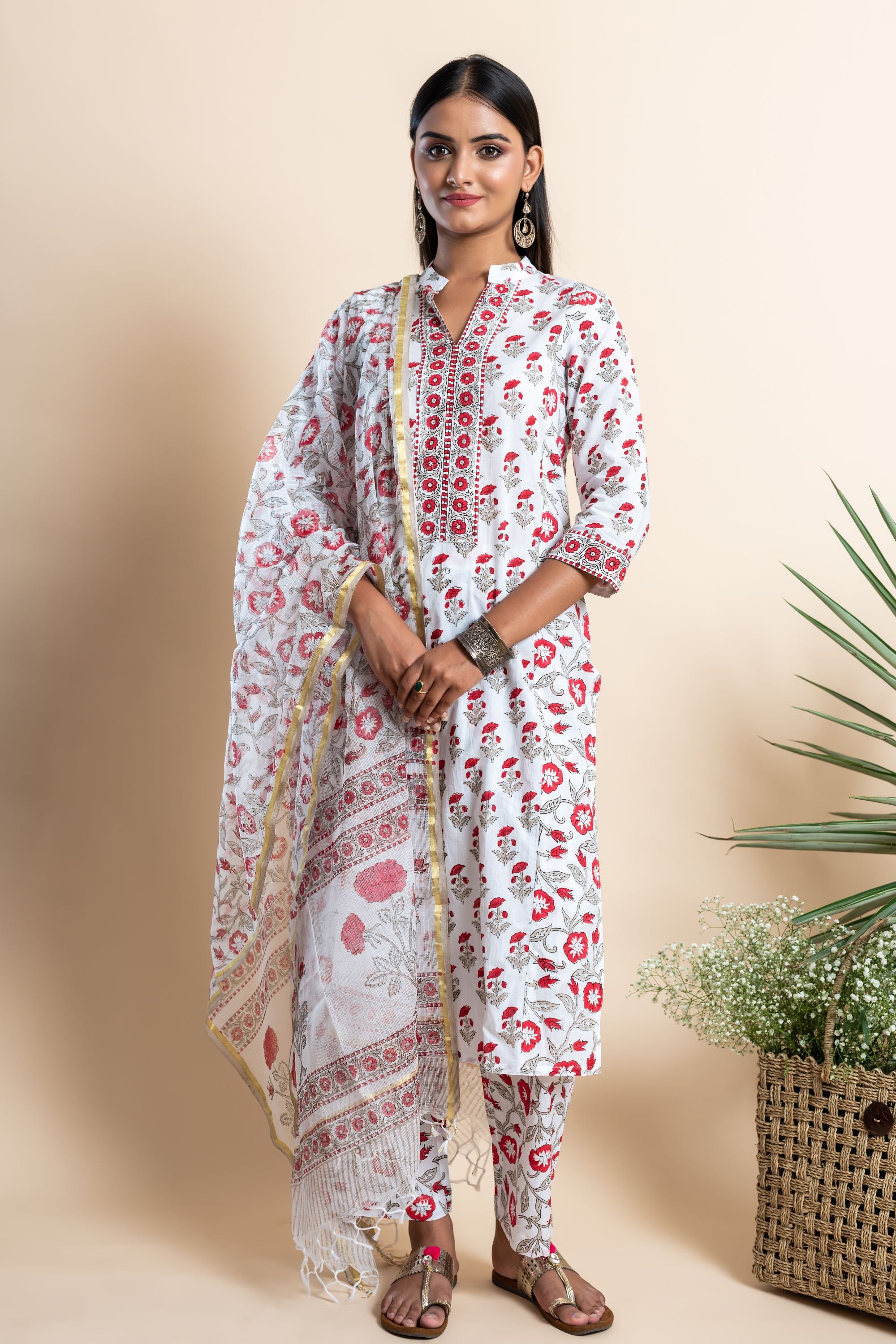 Red Blossom Floral Kurta Set of 3