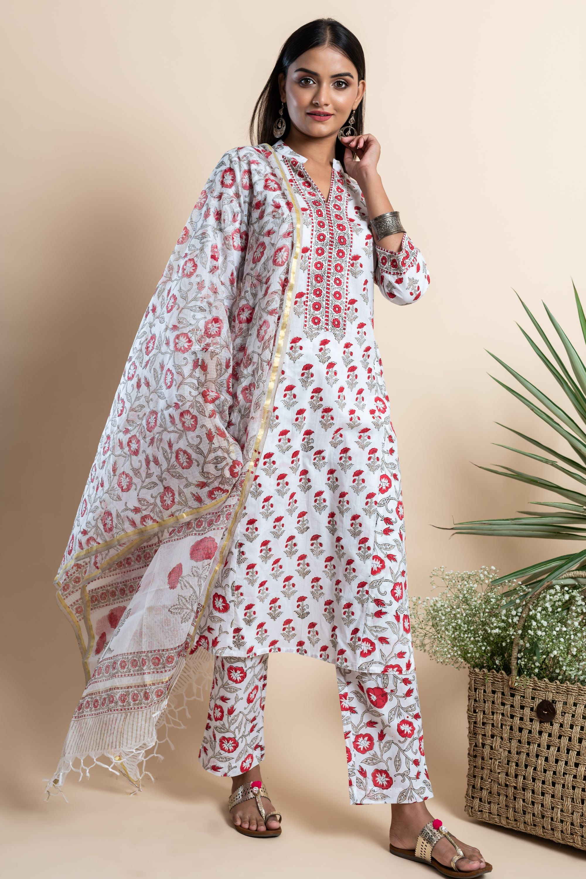 Red Blossom Floral Kurta Set of 3