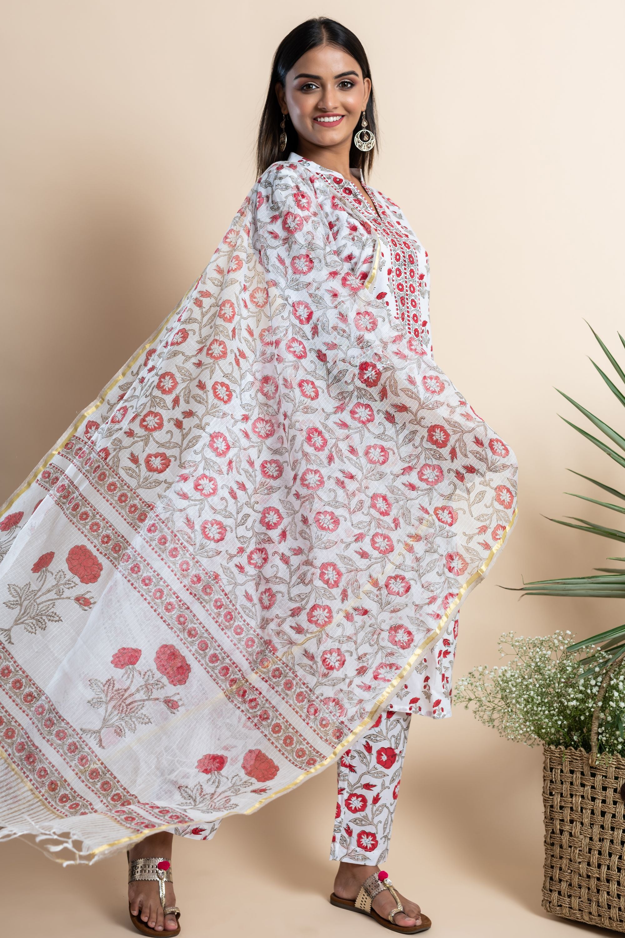 Red Blossom Floral Kurta Set of 3