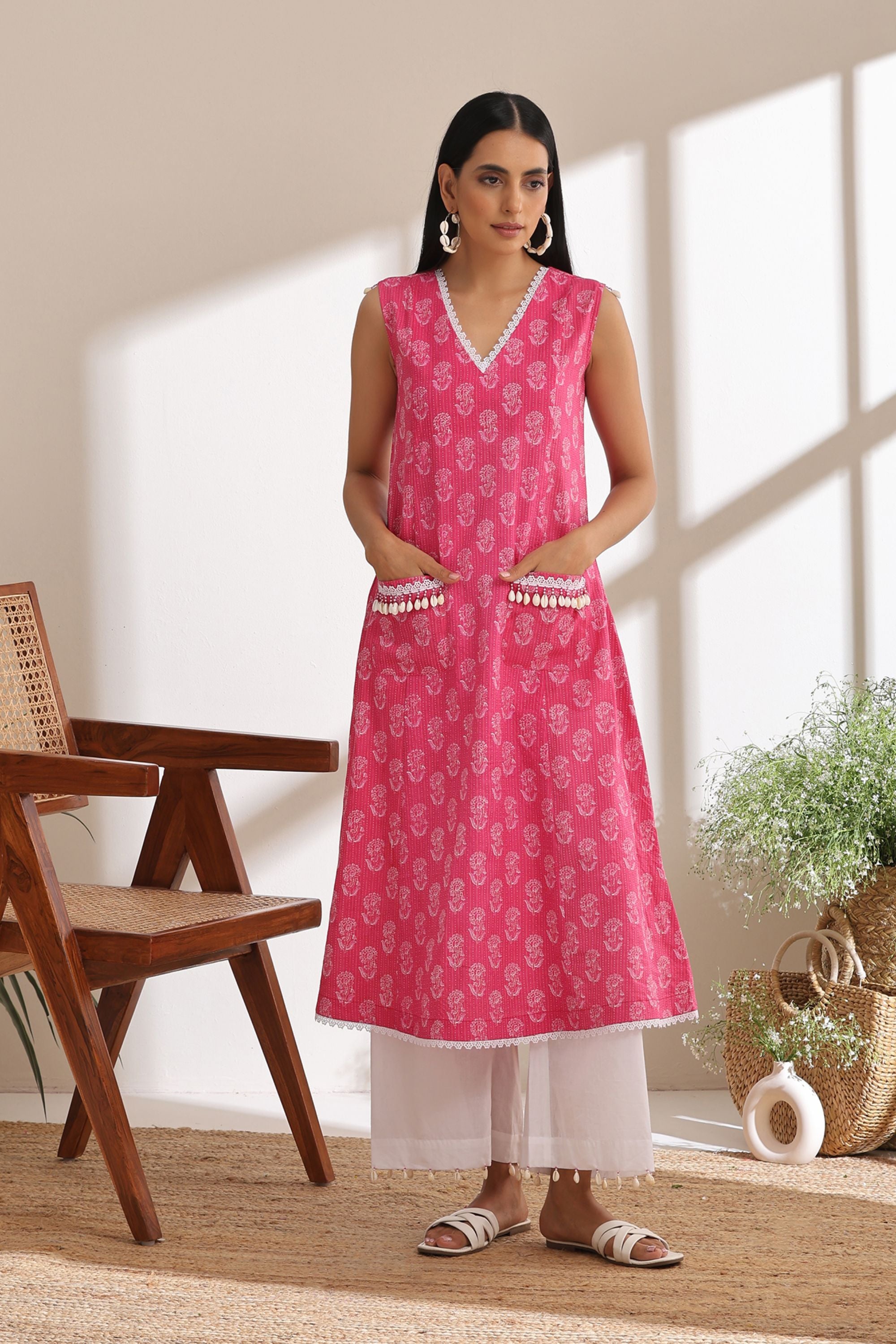 Hot Pink Kantha Kurta Set of 2