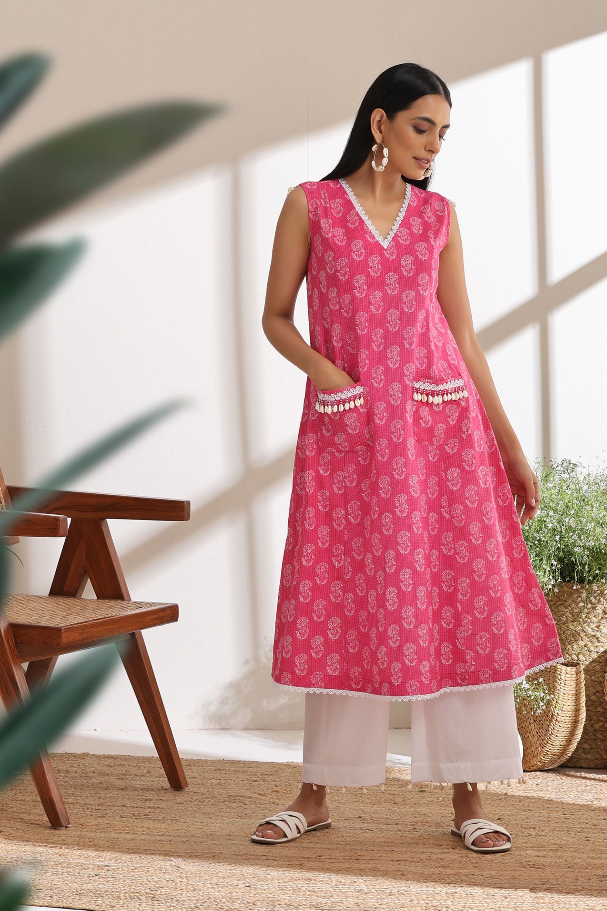 Hot Pink Kantha Kurta Set of 2