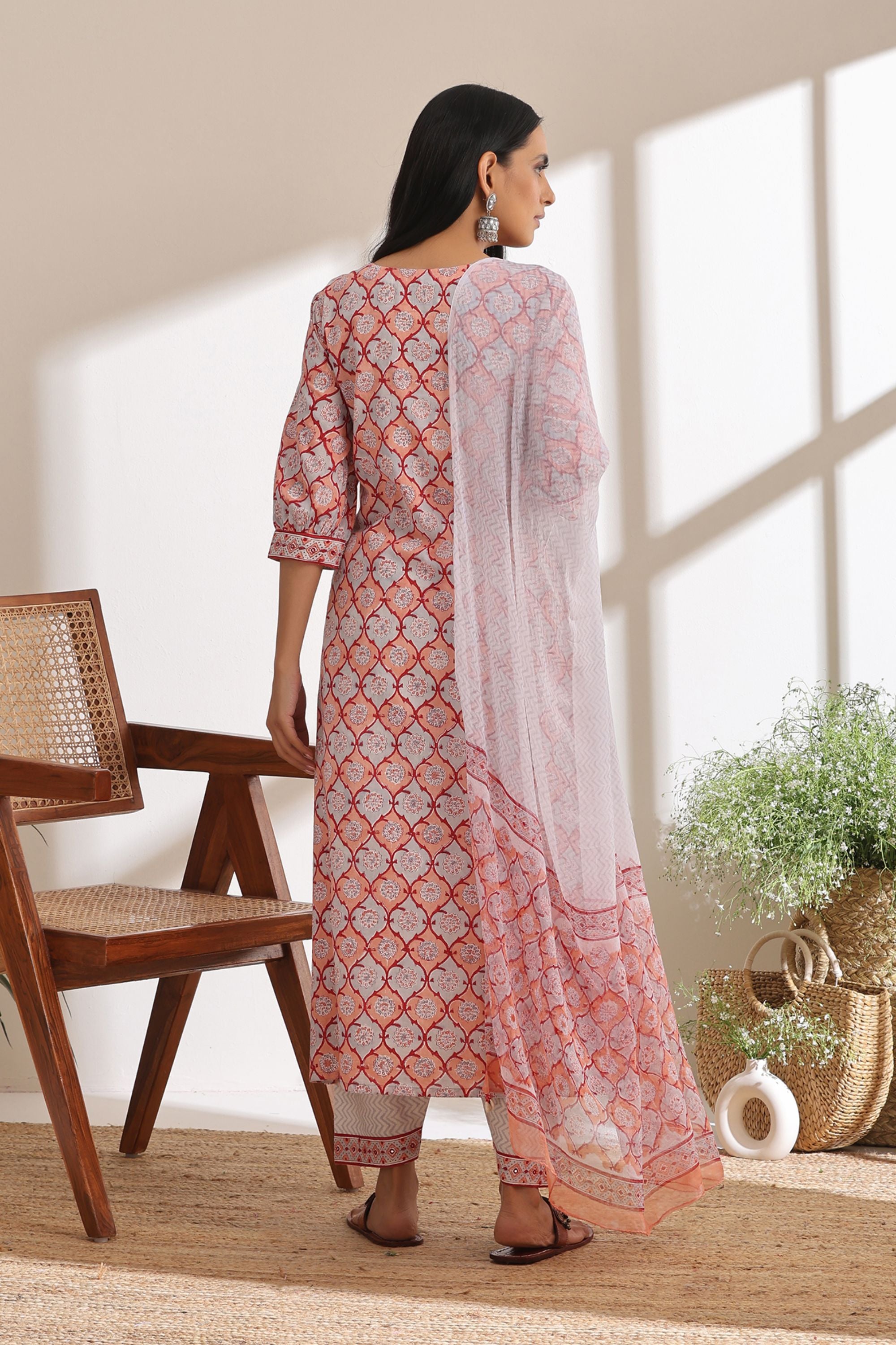 Peach Geometric Mirrorwork Kurta Set of 3