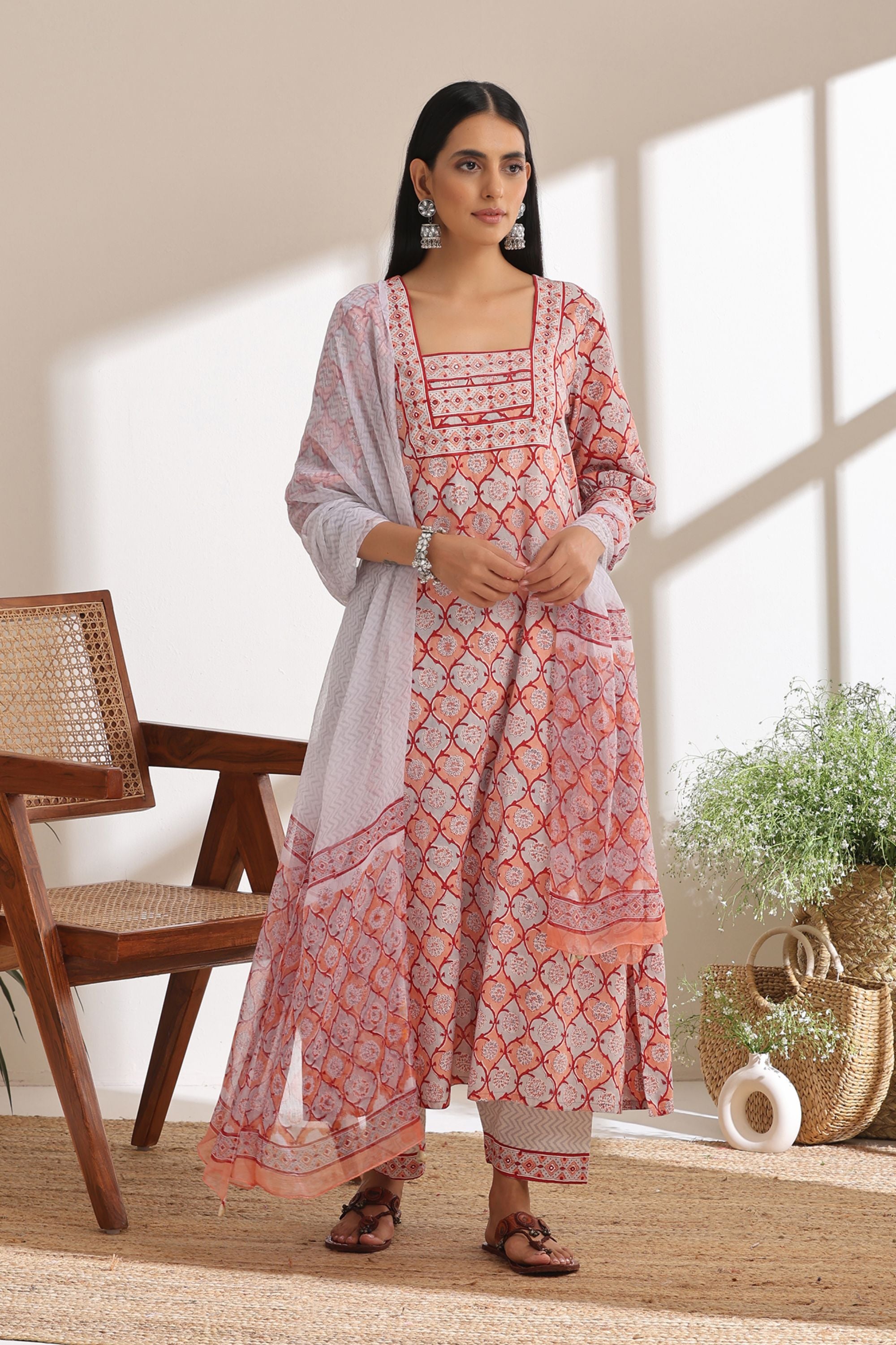Peach Geometric Mirrorwork Kurta Set of 3