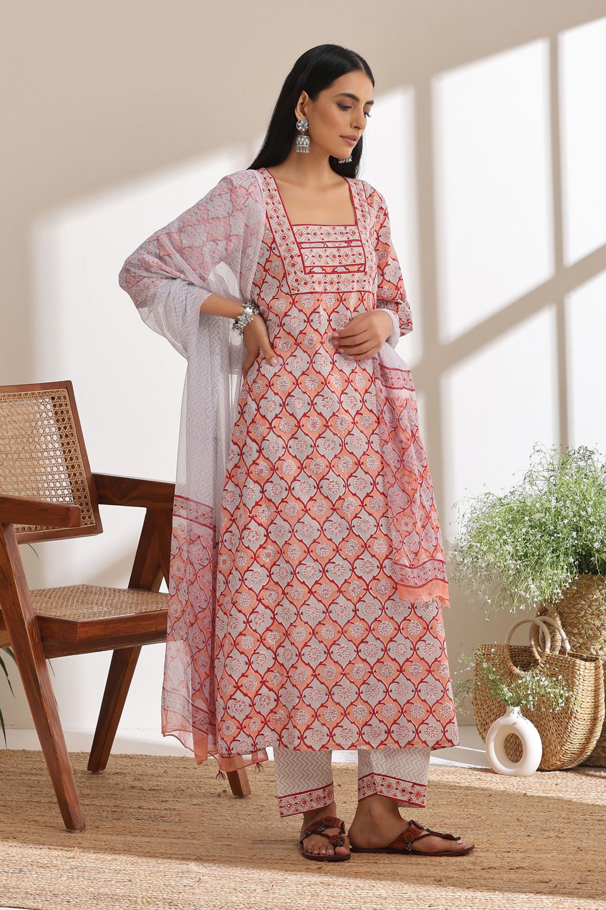 Peach Geometric Mirrorwork Kurta Set of 3