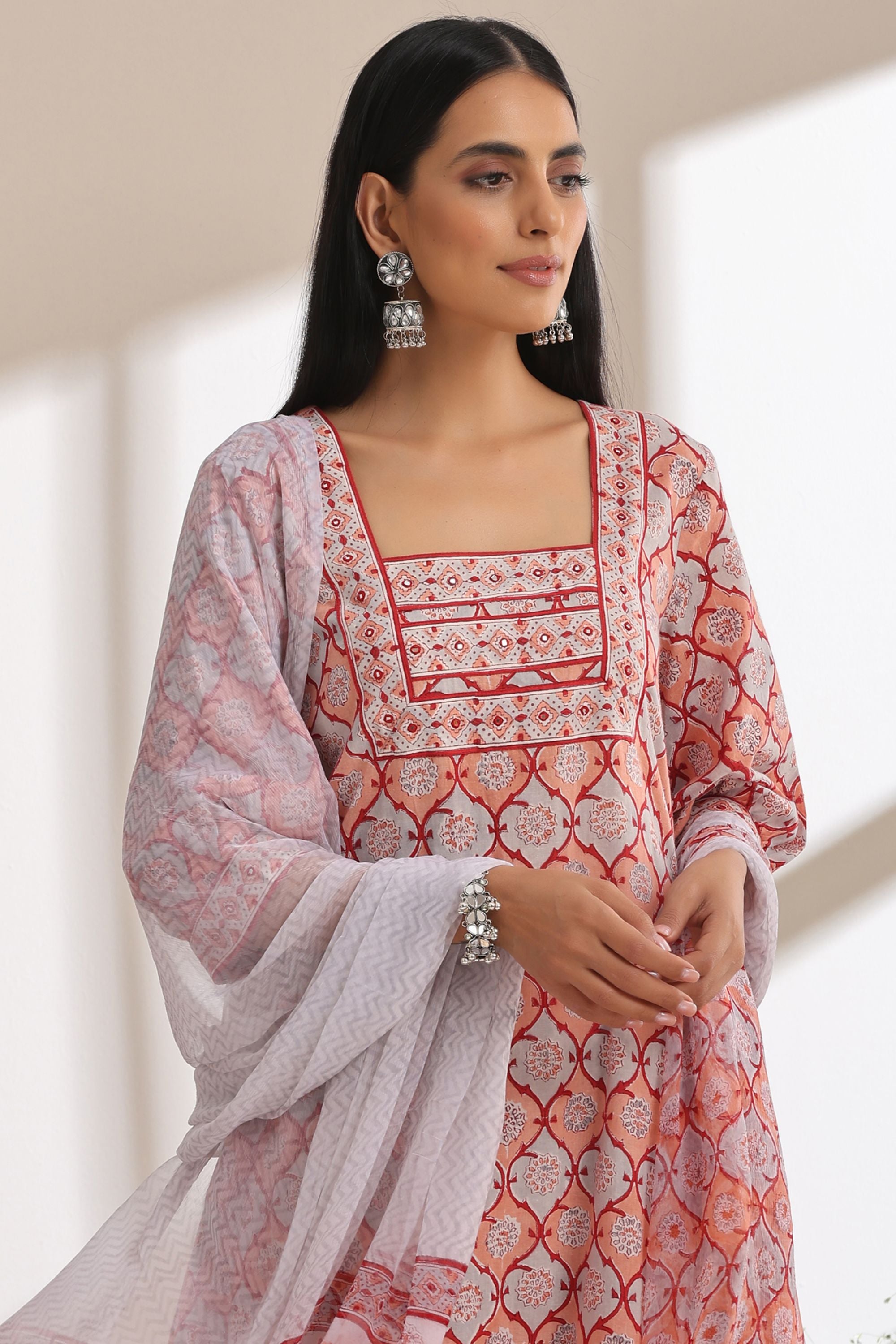 Peach Geometric Mirrorwork Kurta Set of 3