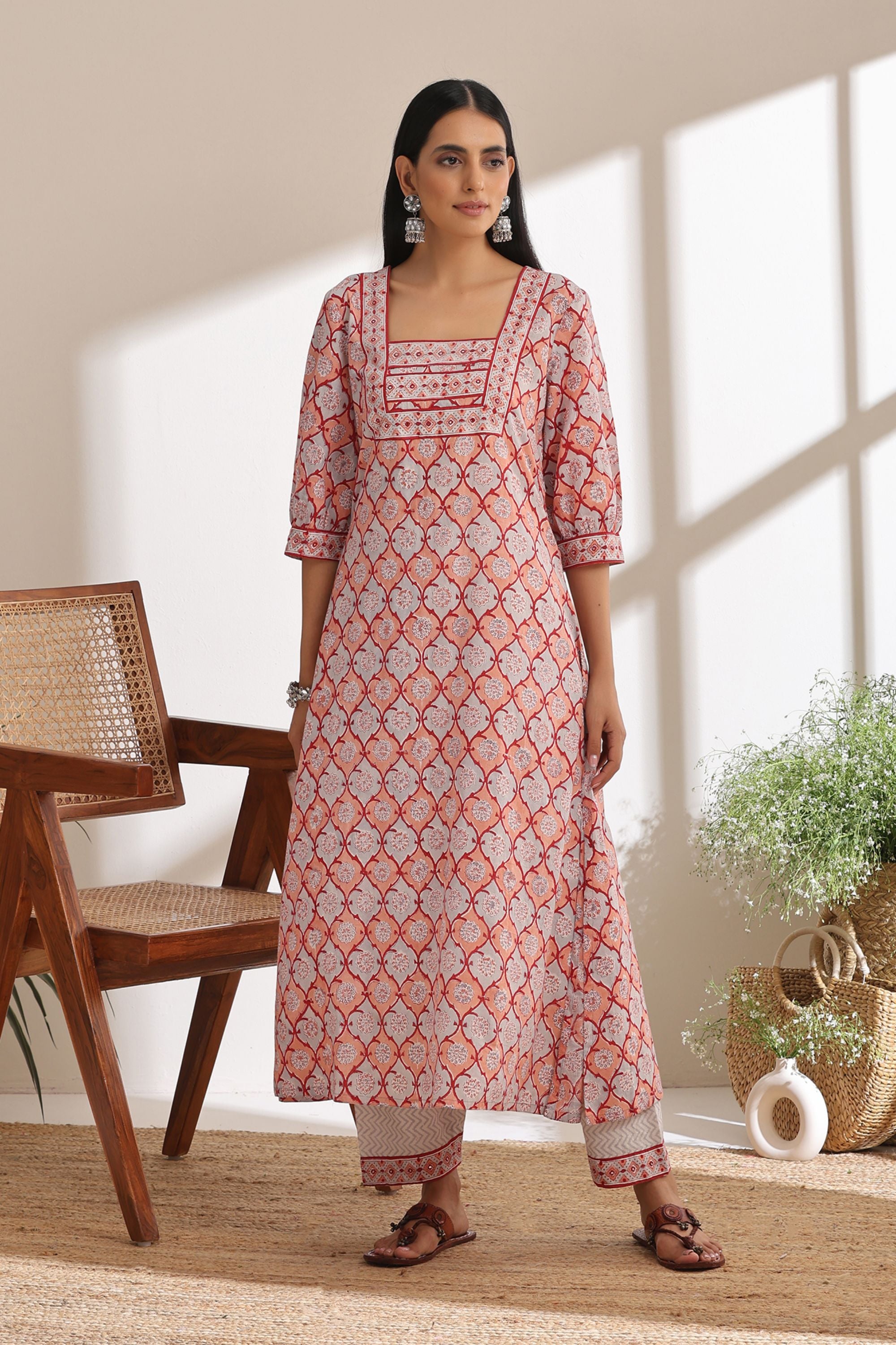 Peach Geometric Mirrorwork Kurta Set of 3