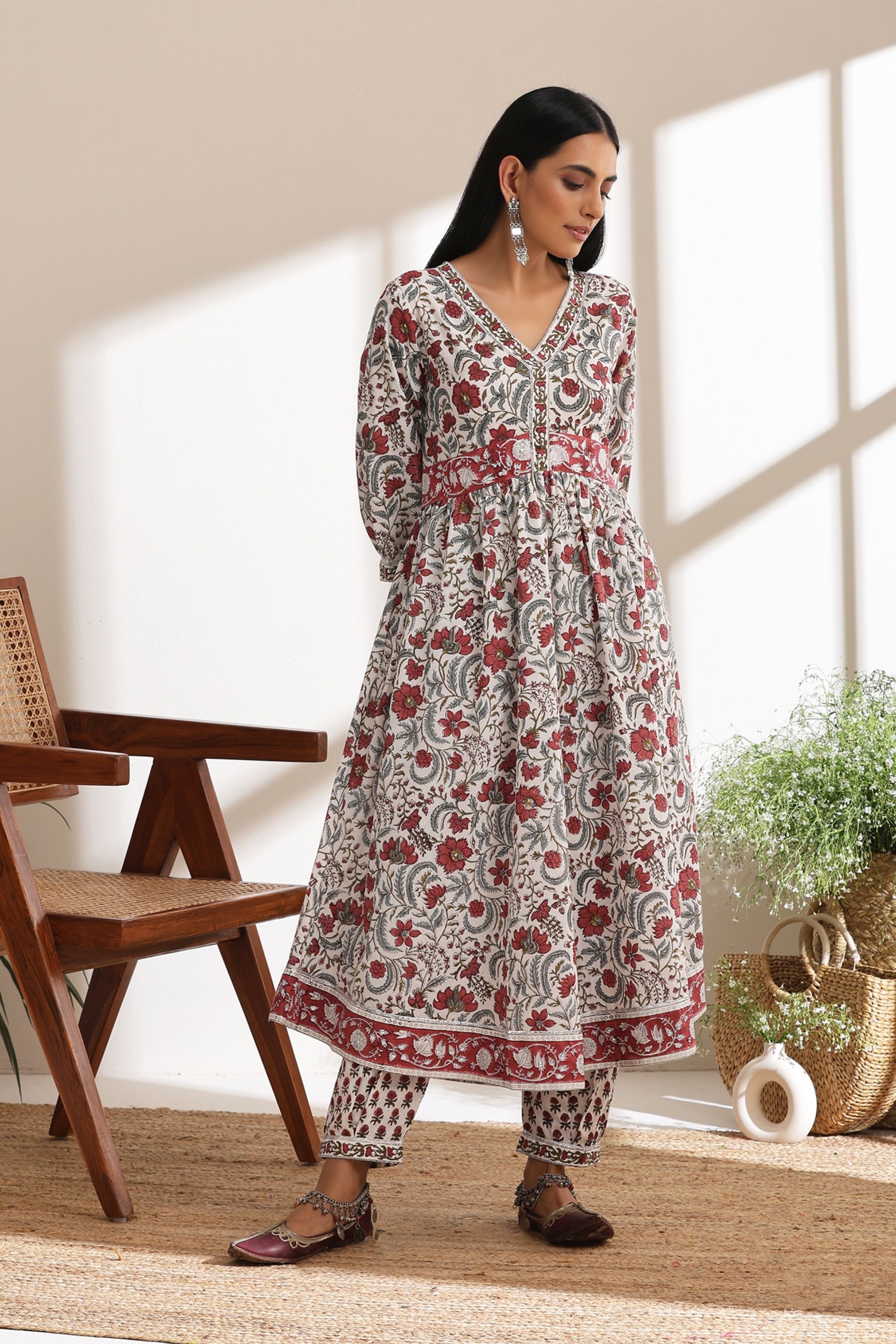 White Chintz Embroidered Anarkali Set of 3