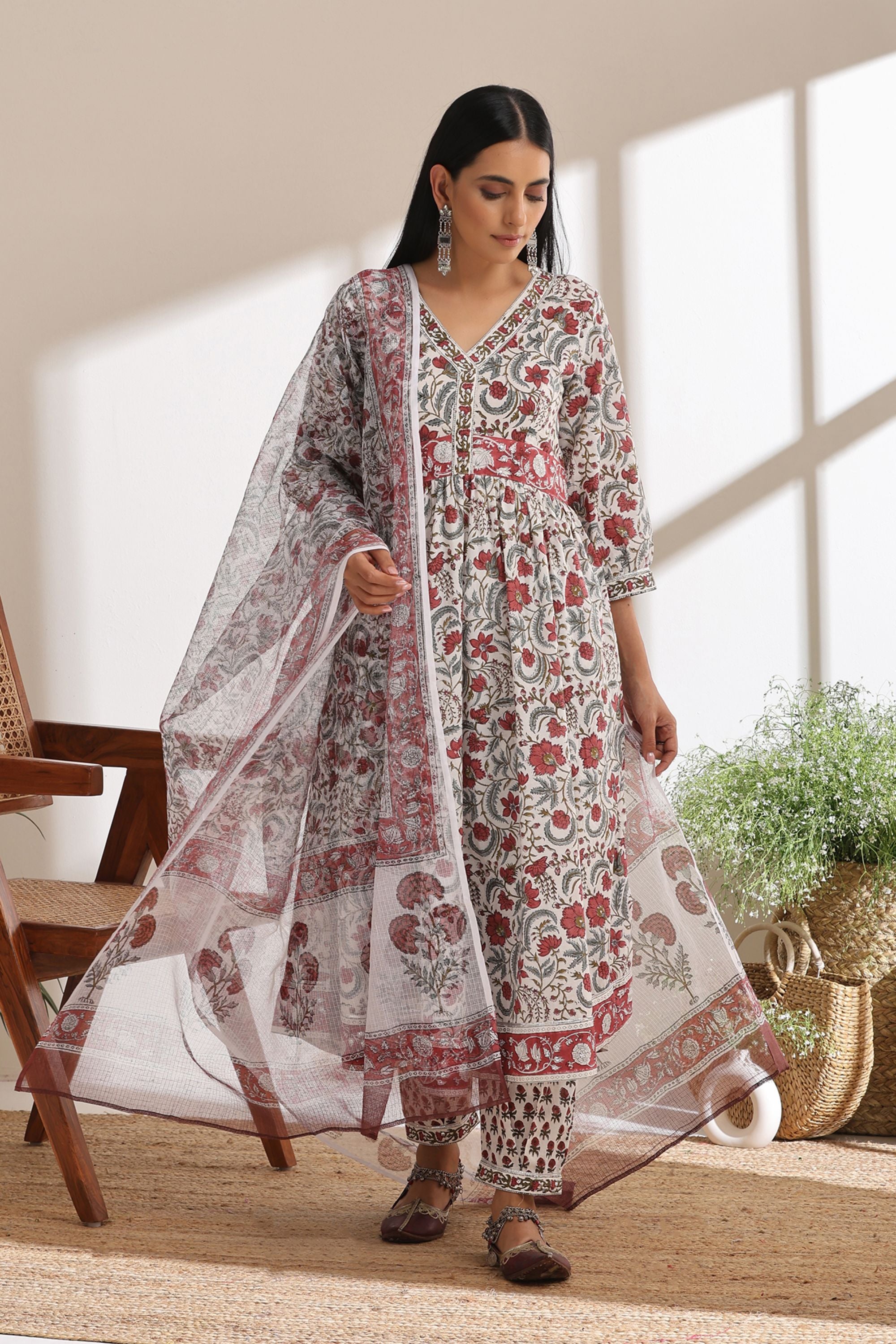 White Chintz Embroidered Anarkali Set of 3