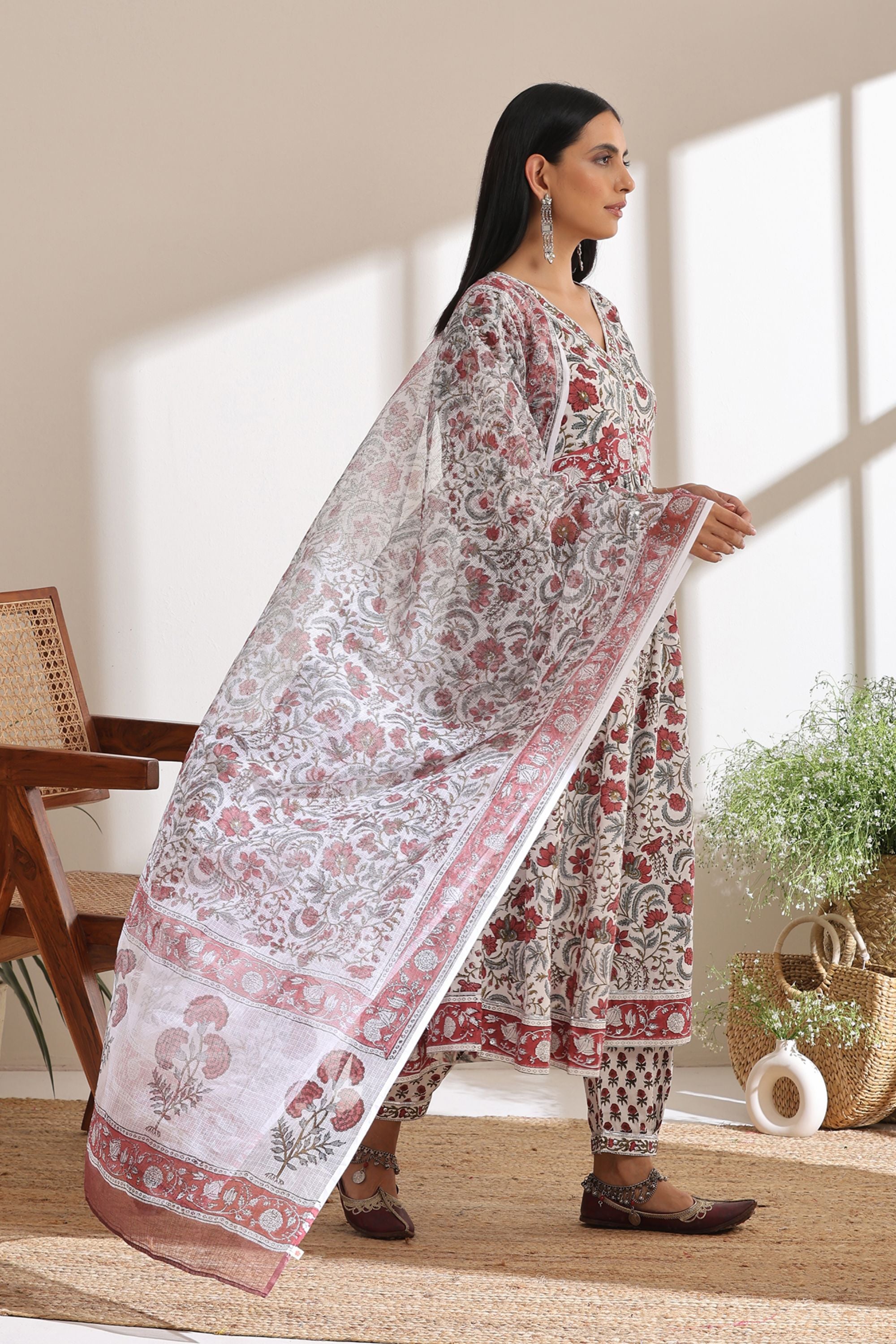 White Chintz Embroidered Anarkali Set of 3